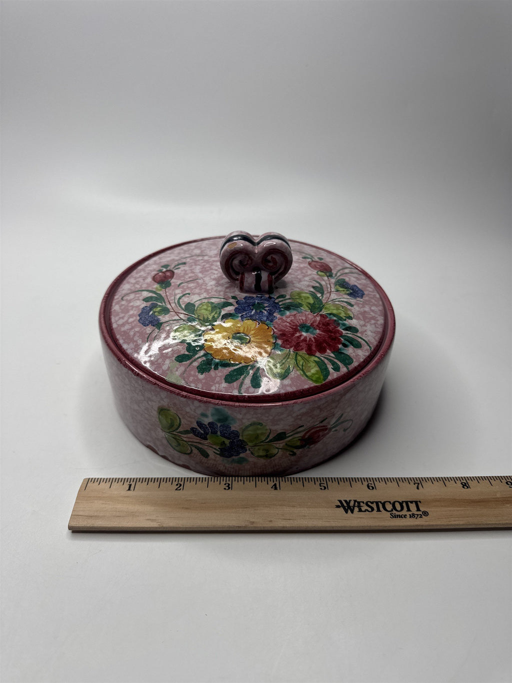 Vintage Handmade Italian Pink Marbled Floral Covered Jewelry Trinket Dish Heart