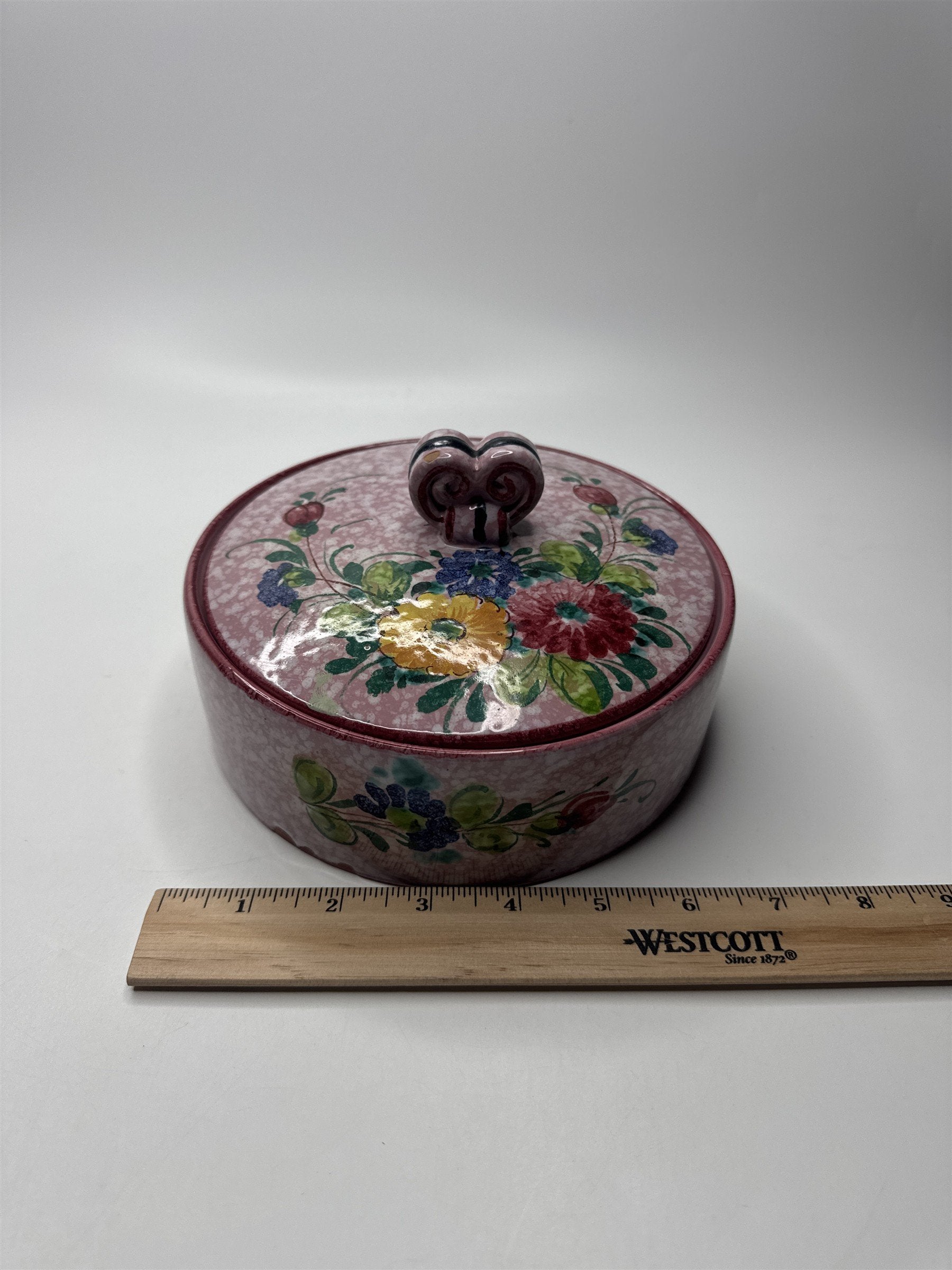 Vintage Handmade Italian Pink Marbled Floral Covered Jewelry Trinket Dish Heart