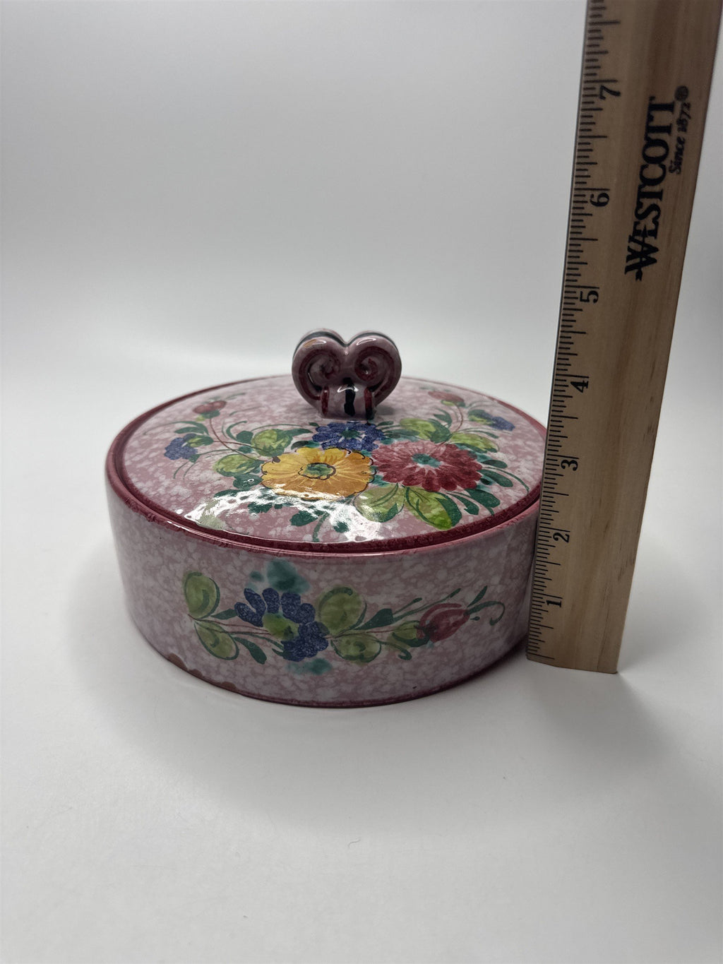 Vintage Handmade Italian Pink Marbled Floral Covered Jewelry Trinket Dish Heart