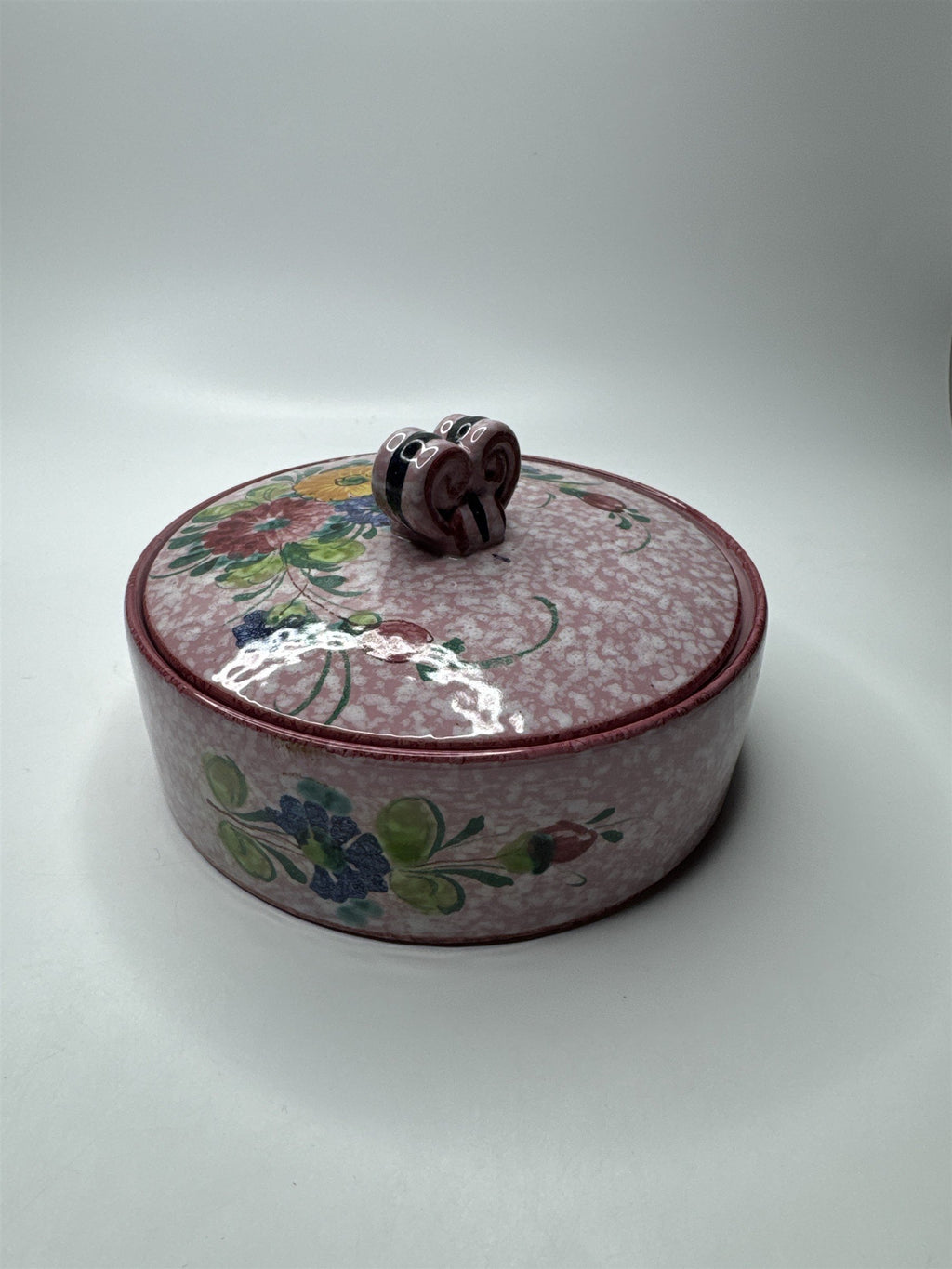 Vintage Handmade Italian Pink Marbled Floral Covered Jewelry Trinket Dish Heart