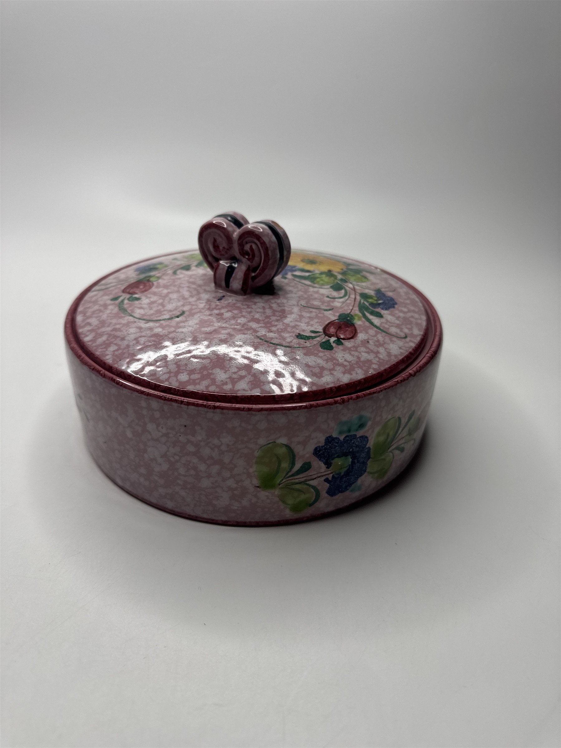 Vintage Handmade Italian Pink Marbled Floral Covered Jewelry Trinket Dish Heart