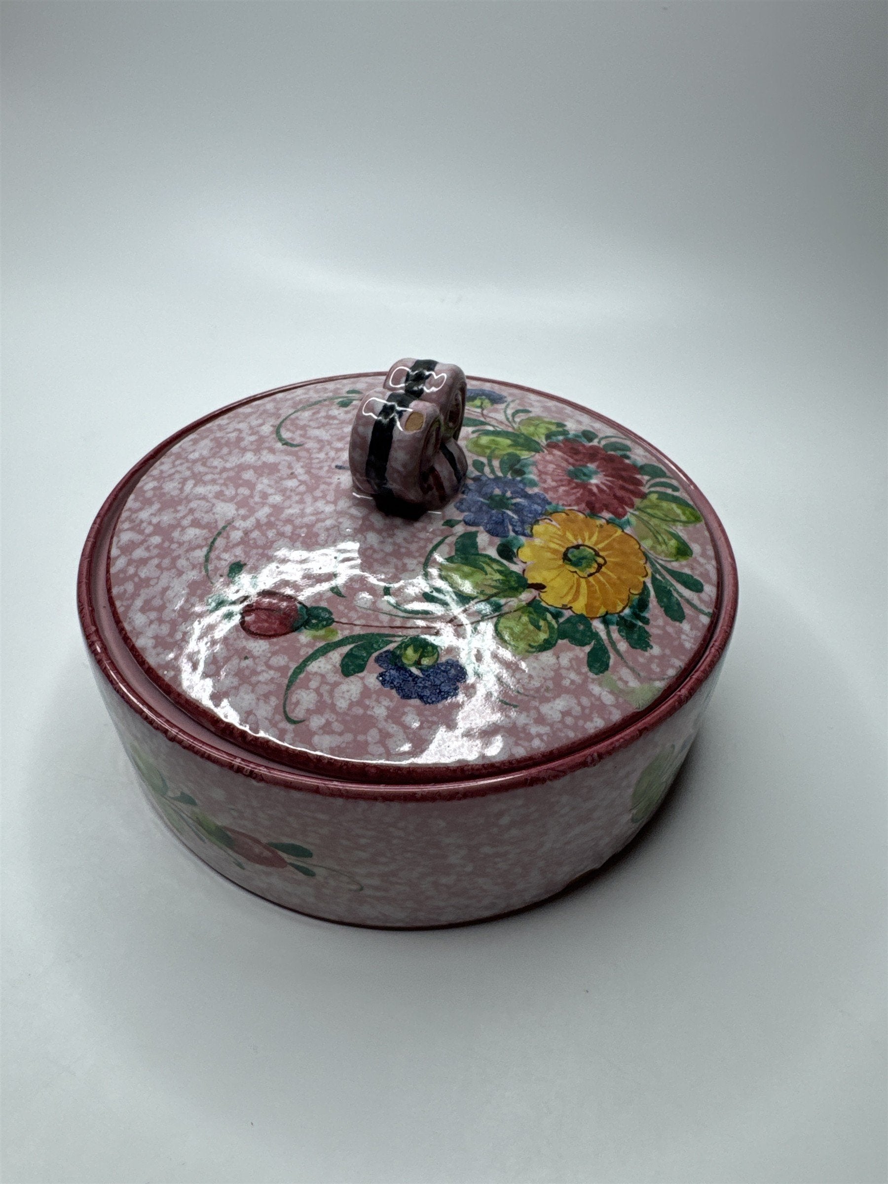 Vintage Handmade Italian Pink Marbled Floral Covered Jewelry Trinket Dish Heart