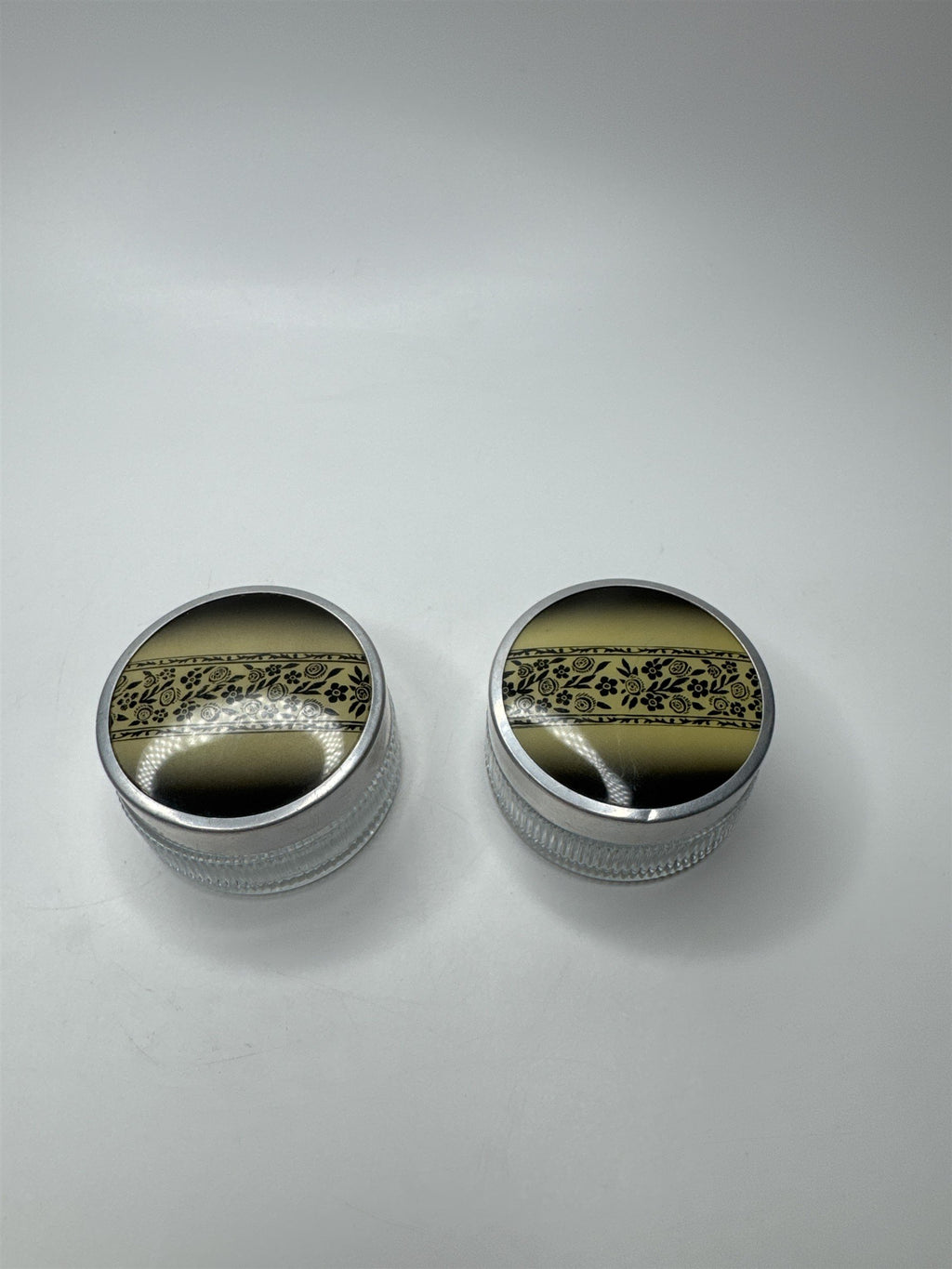 Vintage Glass Vanity Powder Jar Clear Ribbed Floral Metal Lid Set of 2 Art Deco