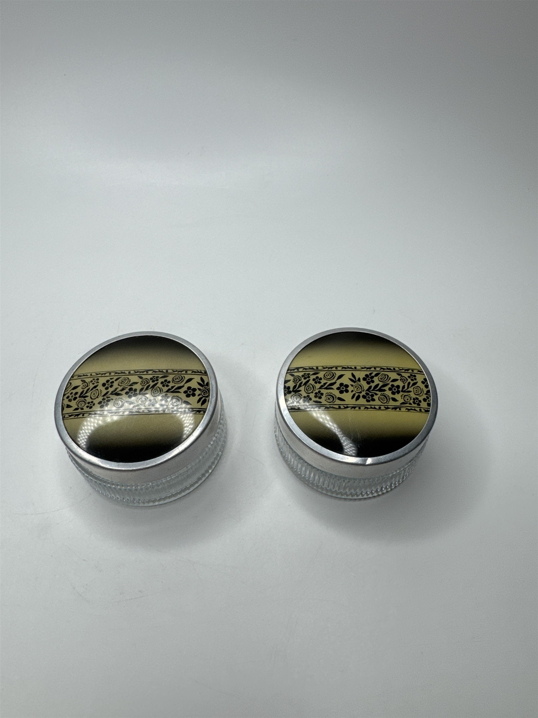 Vintage Glass Vanity Powder Jar Clear Ribbed Floral Metal Lid Set of 2 Art Deco