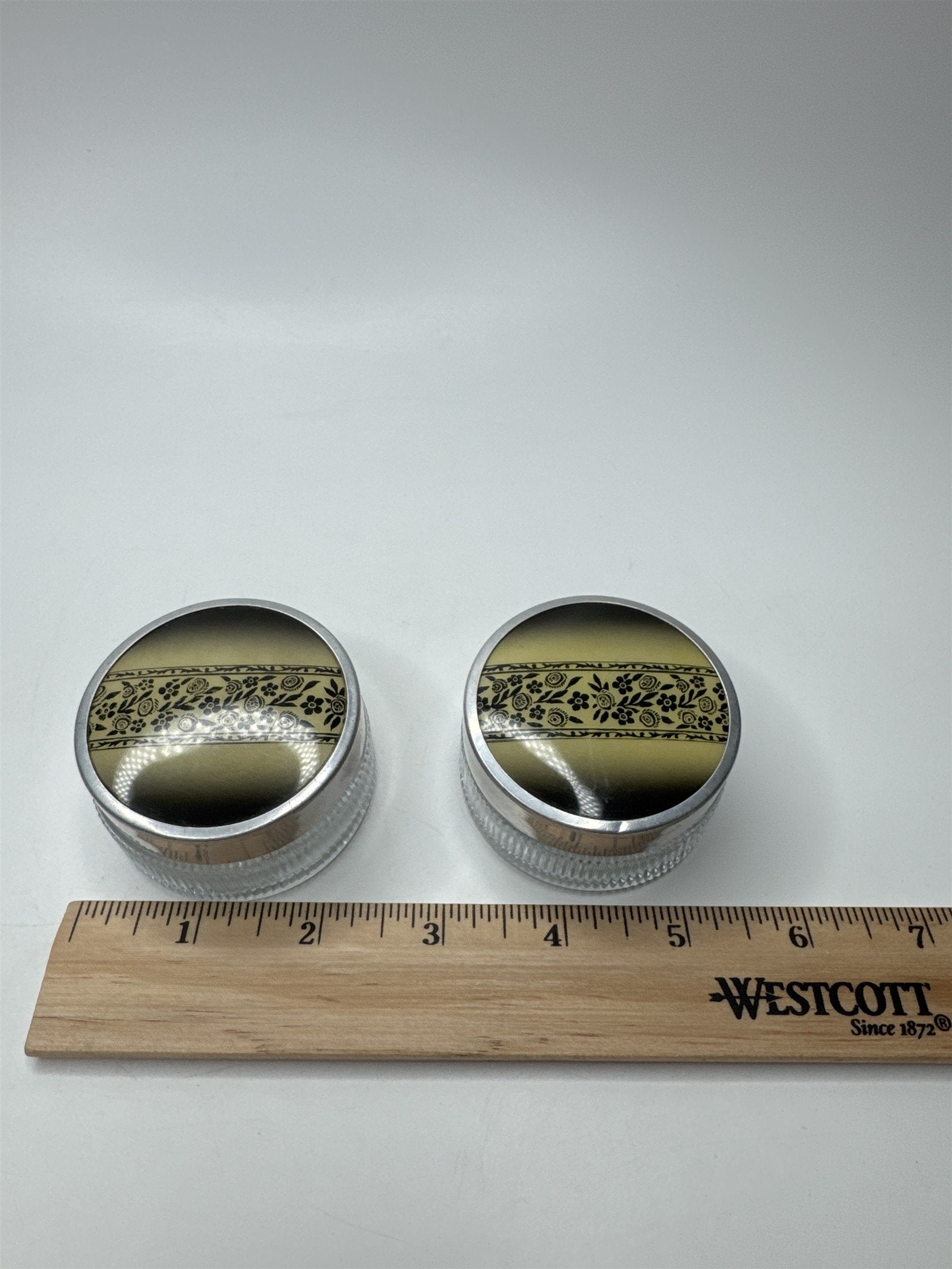 Vintage Glass Vanity Powder Jar Clear Ribbed Floral Metal Lid Set of 2 Art Deco