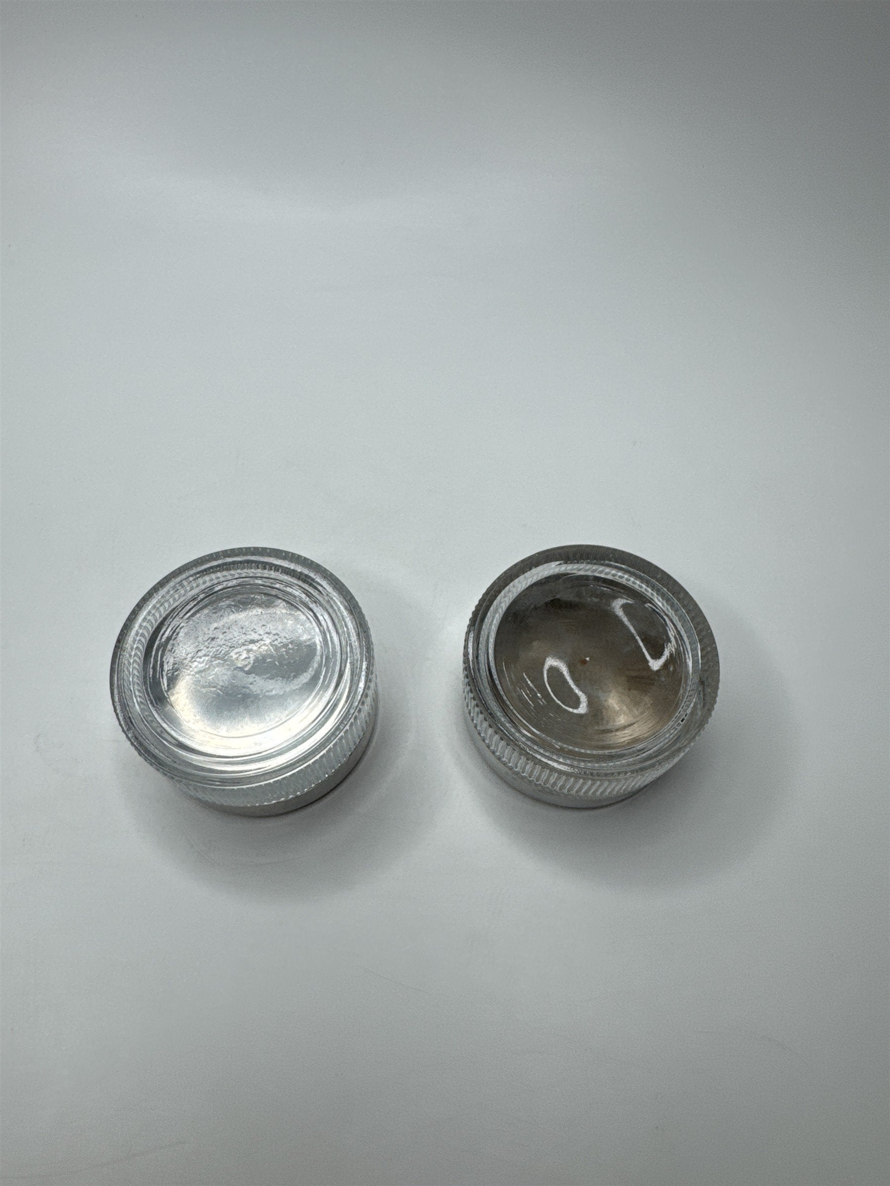 Vintage Glass Vanity Powder Jar Clear Ribbed Floral Metal Lid Set of 2 Art Deco