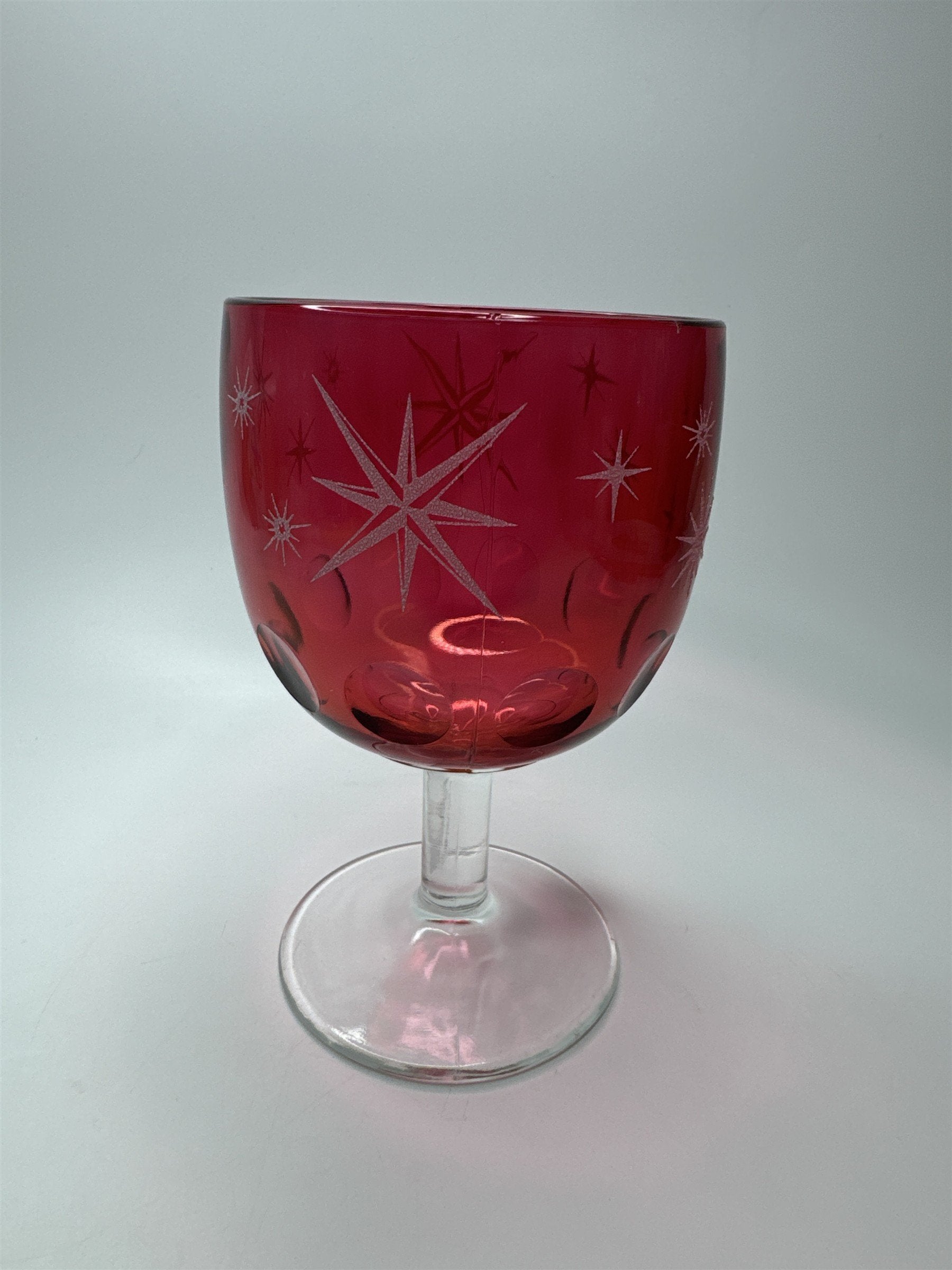 Atomic Star Ruby Cranberry Flash Goblet Thumbprint Glass Etched Stars MCM