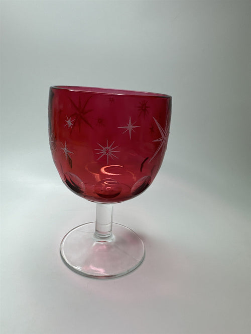 Atomic Star Ruby Cranberry Flash Goblet Thumbprint Glass Etched Stars MCM