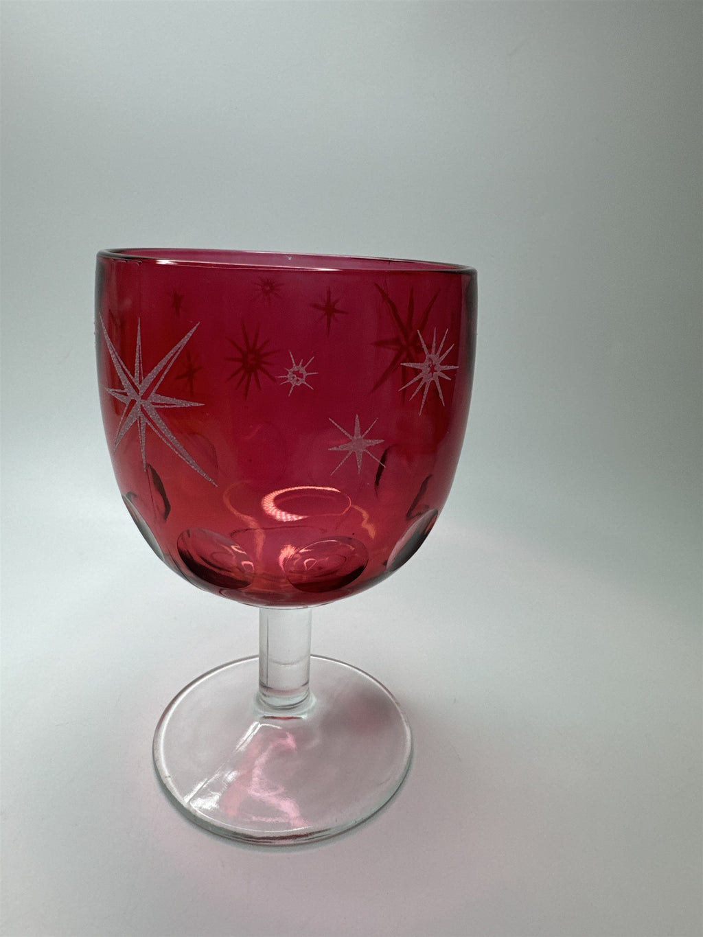 Atomic Star Ruby Cranberry Flash Goblet Thumbprint Glass Etched Stars MCM