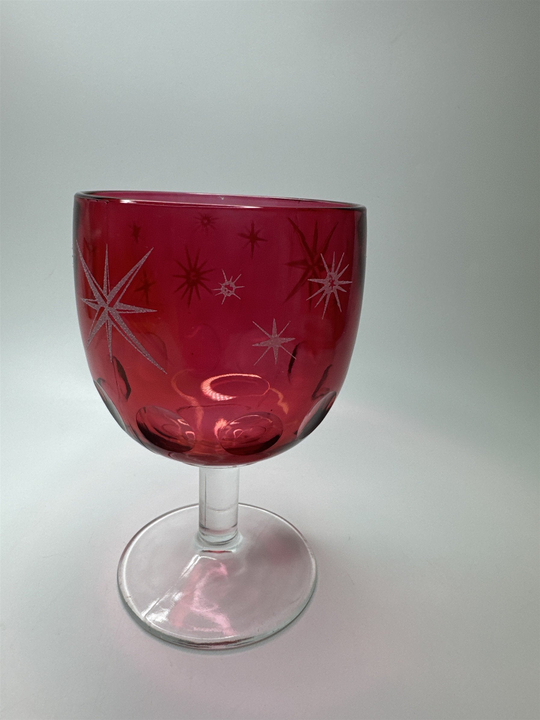 Atomic Star Ruby Cranberry Flash Goblet Thumbprint Glass Etched Stars MCM