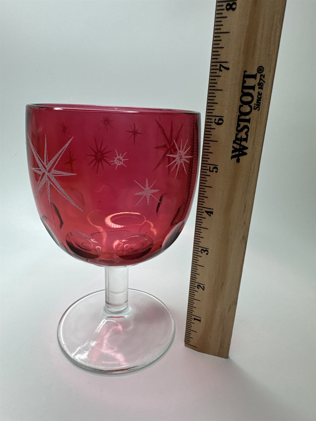 Atomic Star Ruby Cranberry Flash Goblet Thumbprint Glass Etched Stars MCM