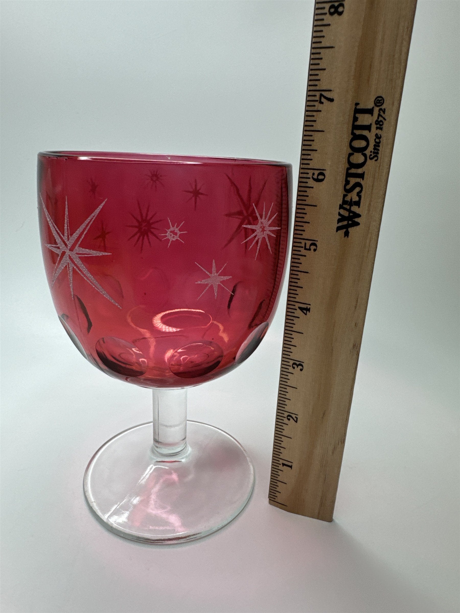 Atomic Star Ruby Cranberry Flash Goblet Thumbprint Glass Etched Stars MCM
