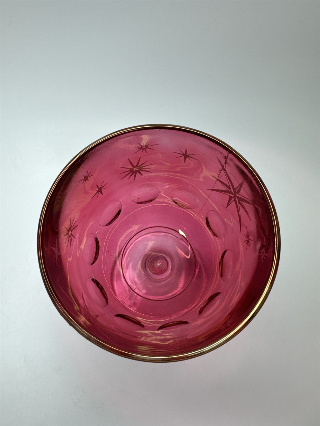 Atomic Star Ruby Cranberry Flash Goblet Thumbprint Glass Etched Stars MCM