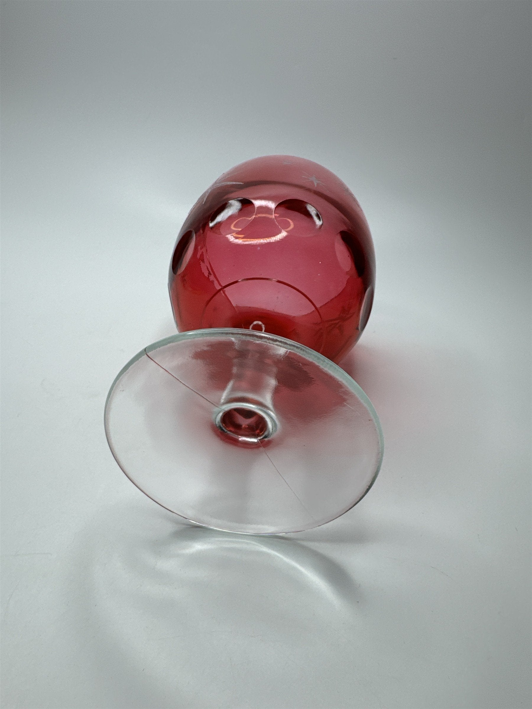 Atomic Star Ruby Cranberry Flash Goblet Thumbprint Glass Etched Stars MCM