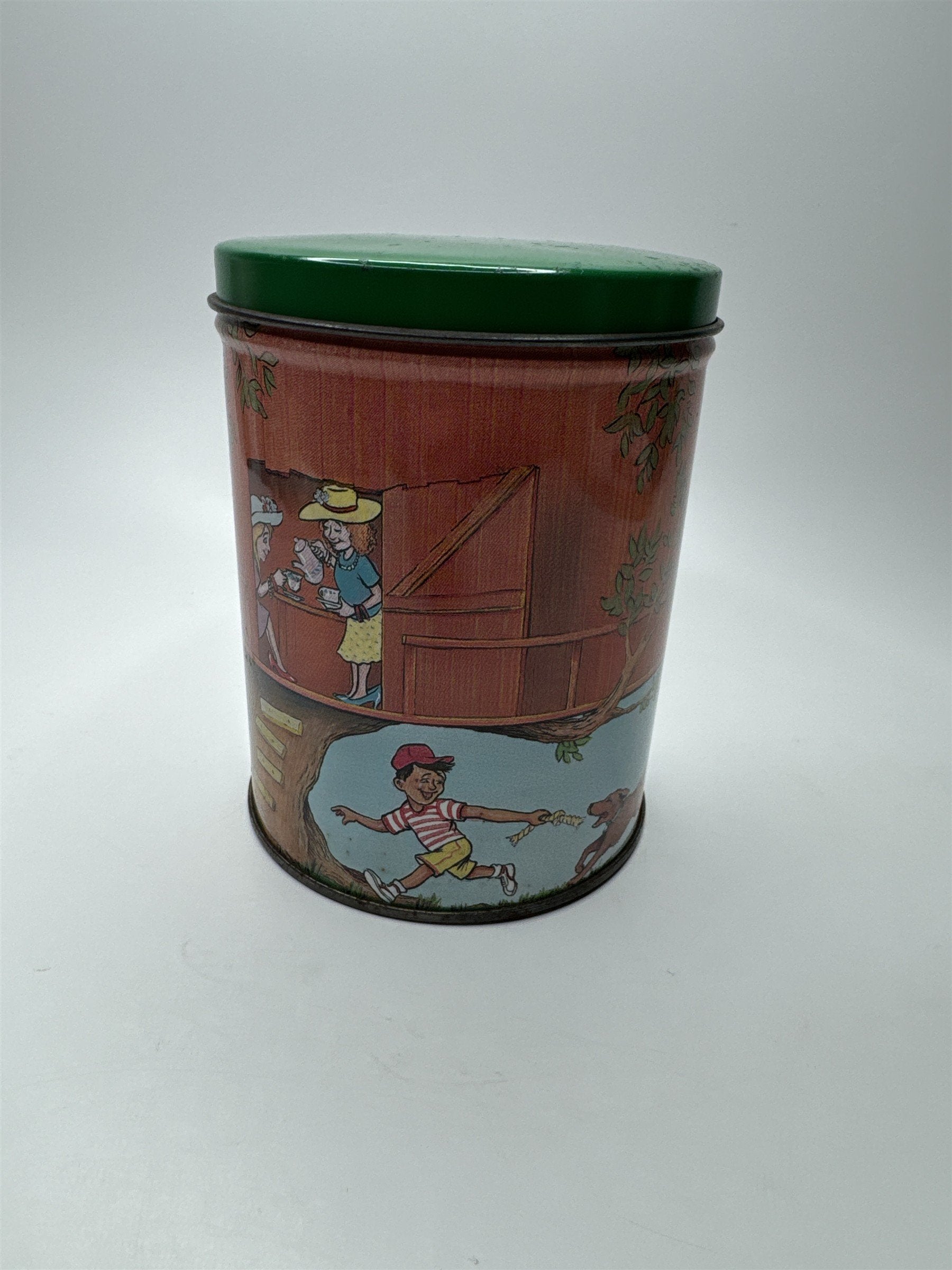 Vintage NASCO Tin Pop 'n' Crunch Popcorn Tin Treehouse Children Tea Party Oakey