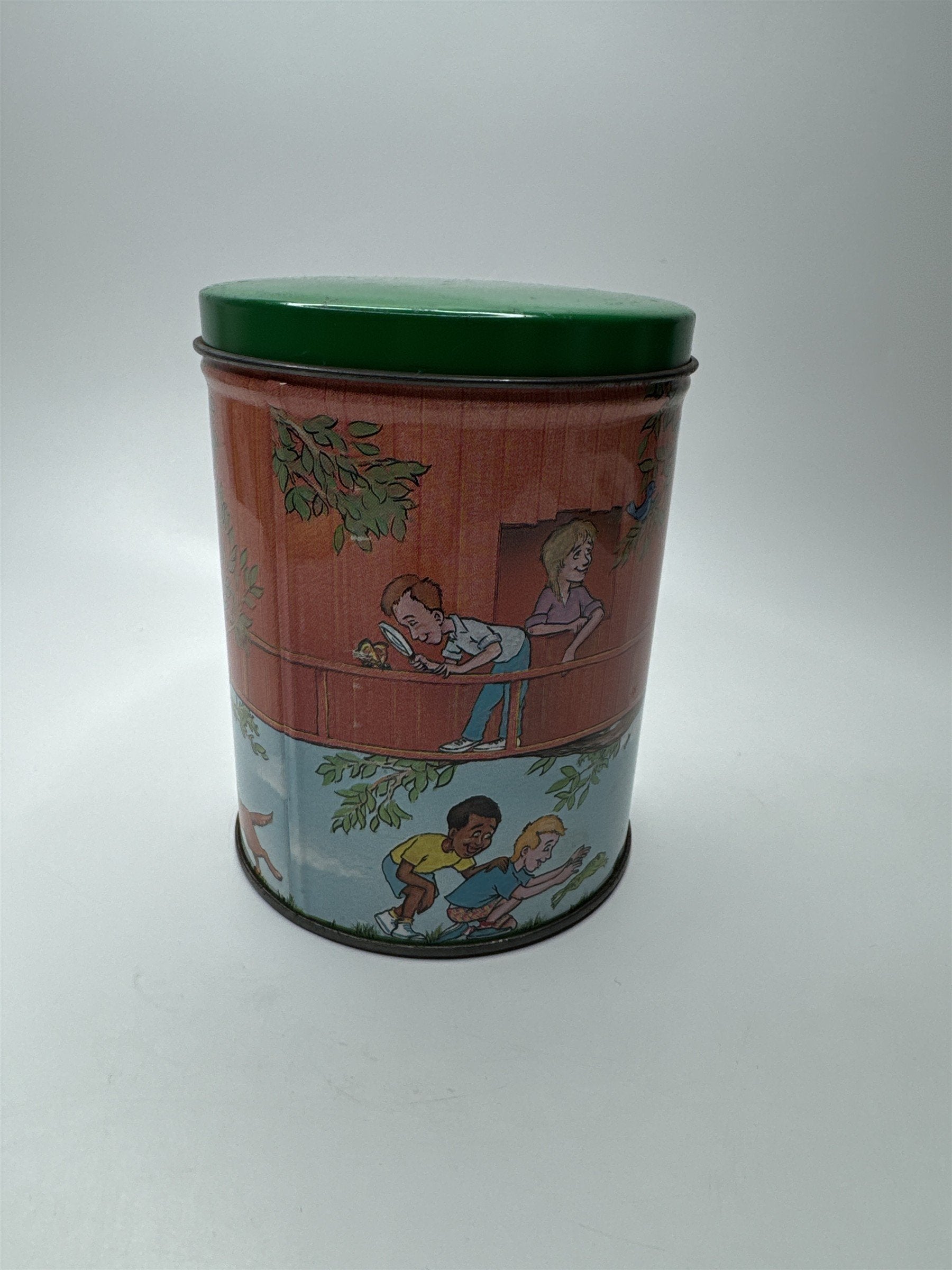Vintage NASCO Tin Pop 'n' Crunch Popcorn Tin Treehouse Children Tea Party Oakey