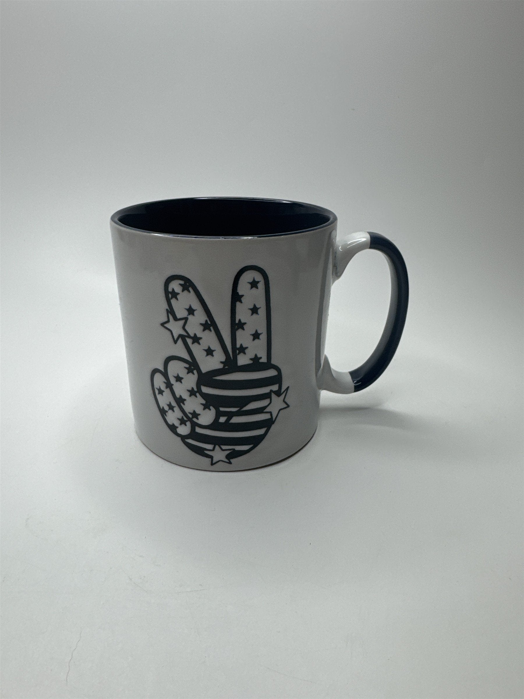Ceramic Heavy Duty Embossed Blue and White Peace Fingers Stars & Stripes Mug