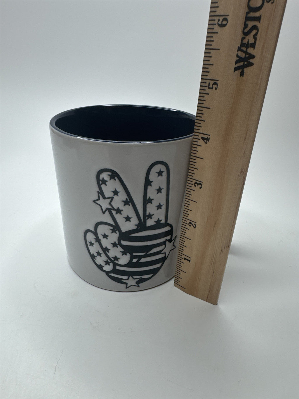 Ceramic Heavy Duty Embossed Blue and White Peace Fingers Stars & Stripes Mug