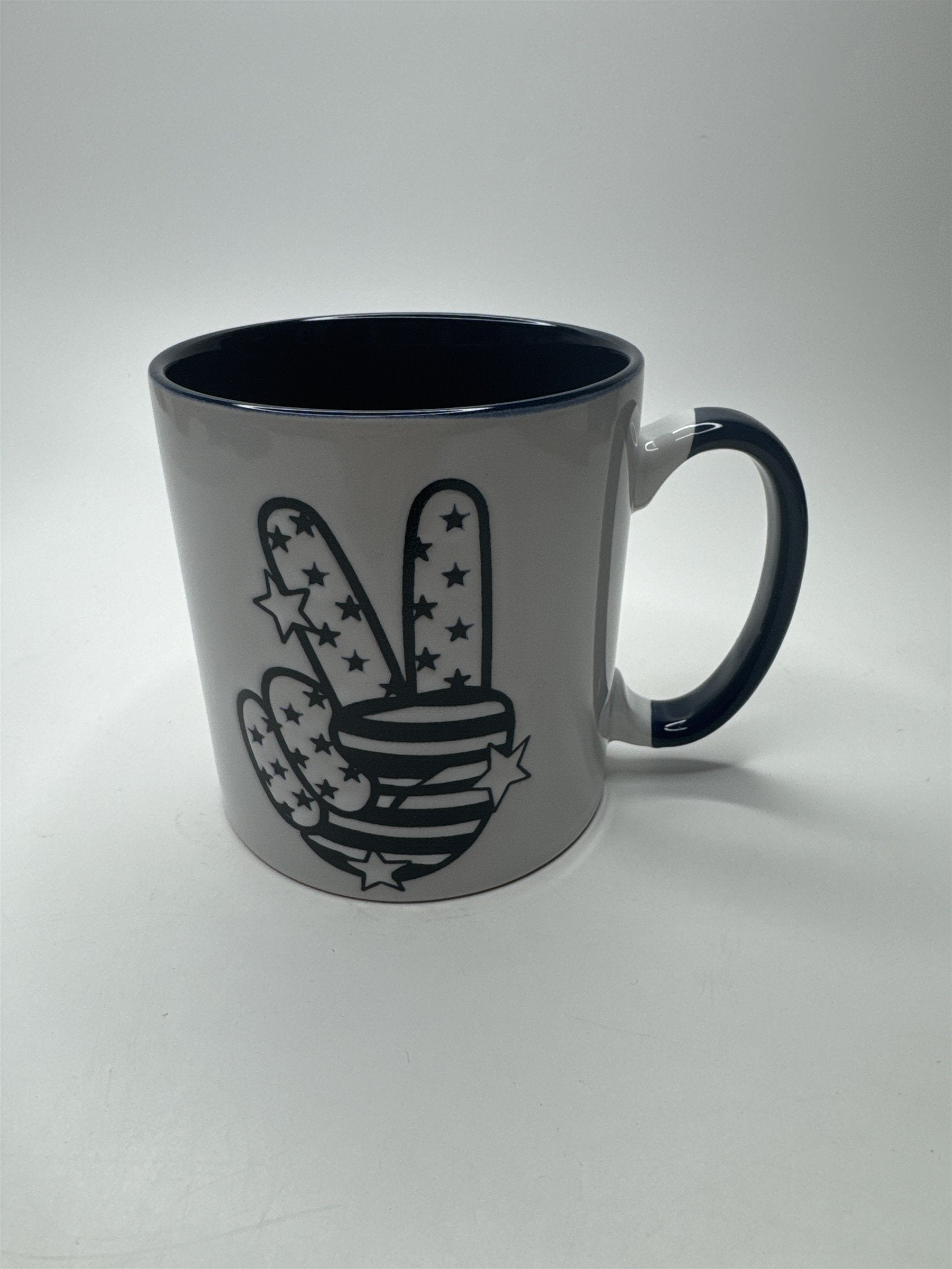 Ceramic Heavy Duty Embossed Blue and White Peace Fingers Stars & Stripes Mug