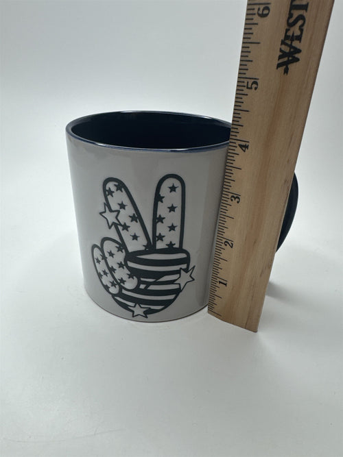 Ceramic Heavy Duty Embossed Blue and White Peace Fingers Stars & Stripes Mug