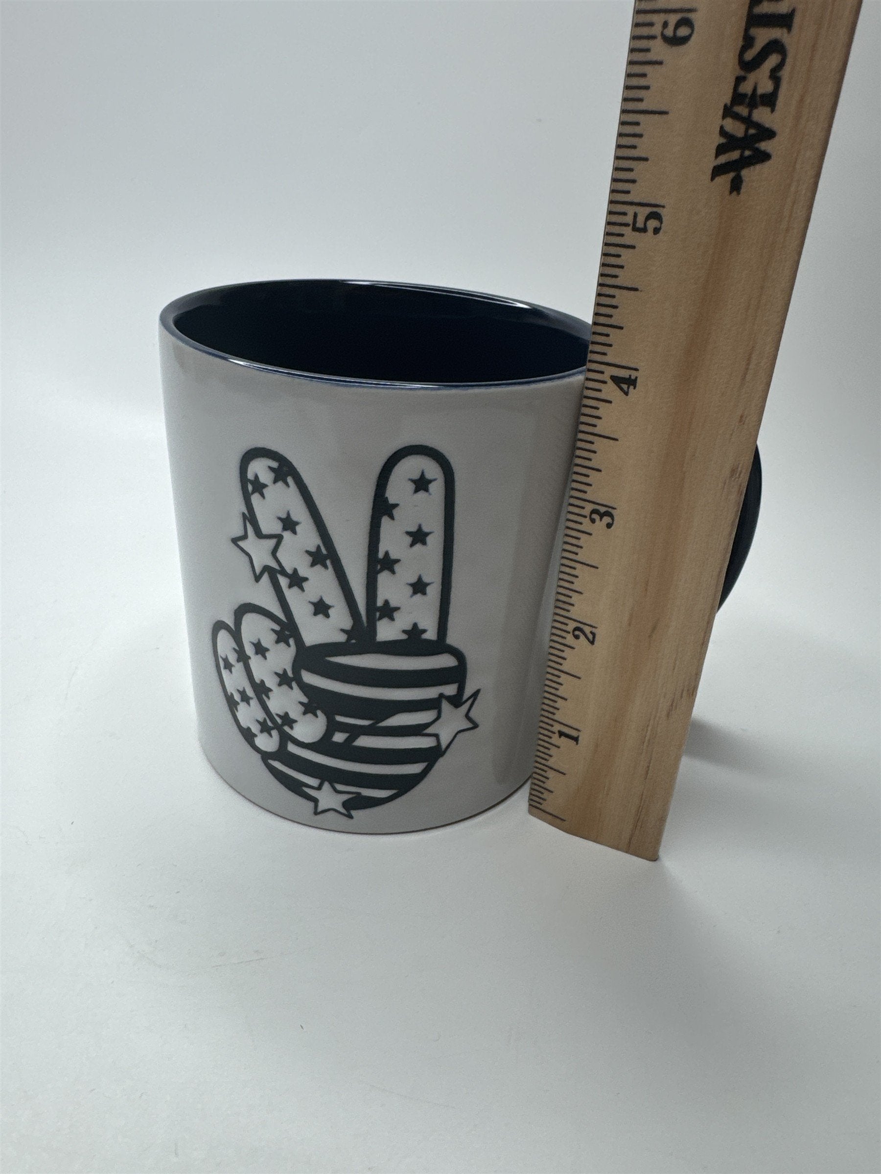 Ceramic Heavy Duty Embossed Blue and White Peace Fingers Stars & Stripes Mug
