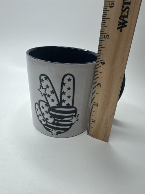 Ceramic Heavy Duty Embossed Blue and White Peace Fingers Stars & Stripes Mug