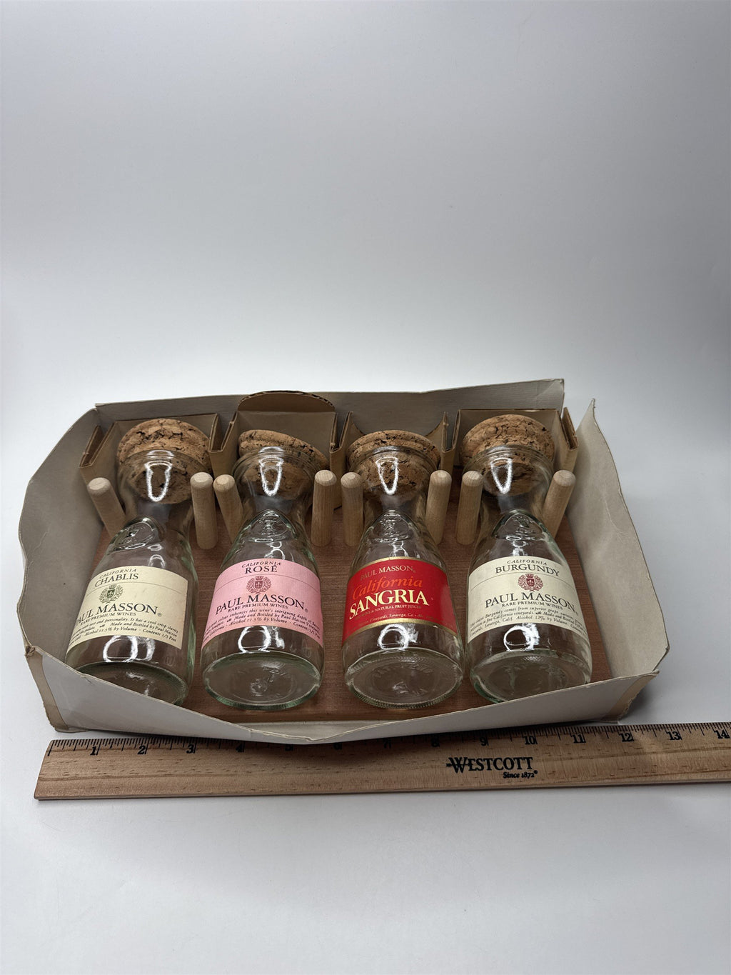 Paul Masson Wine Carafe Spice Rack Gift Set in Box VTG 70s Wine Country 4 Bottle