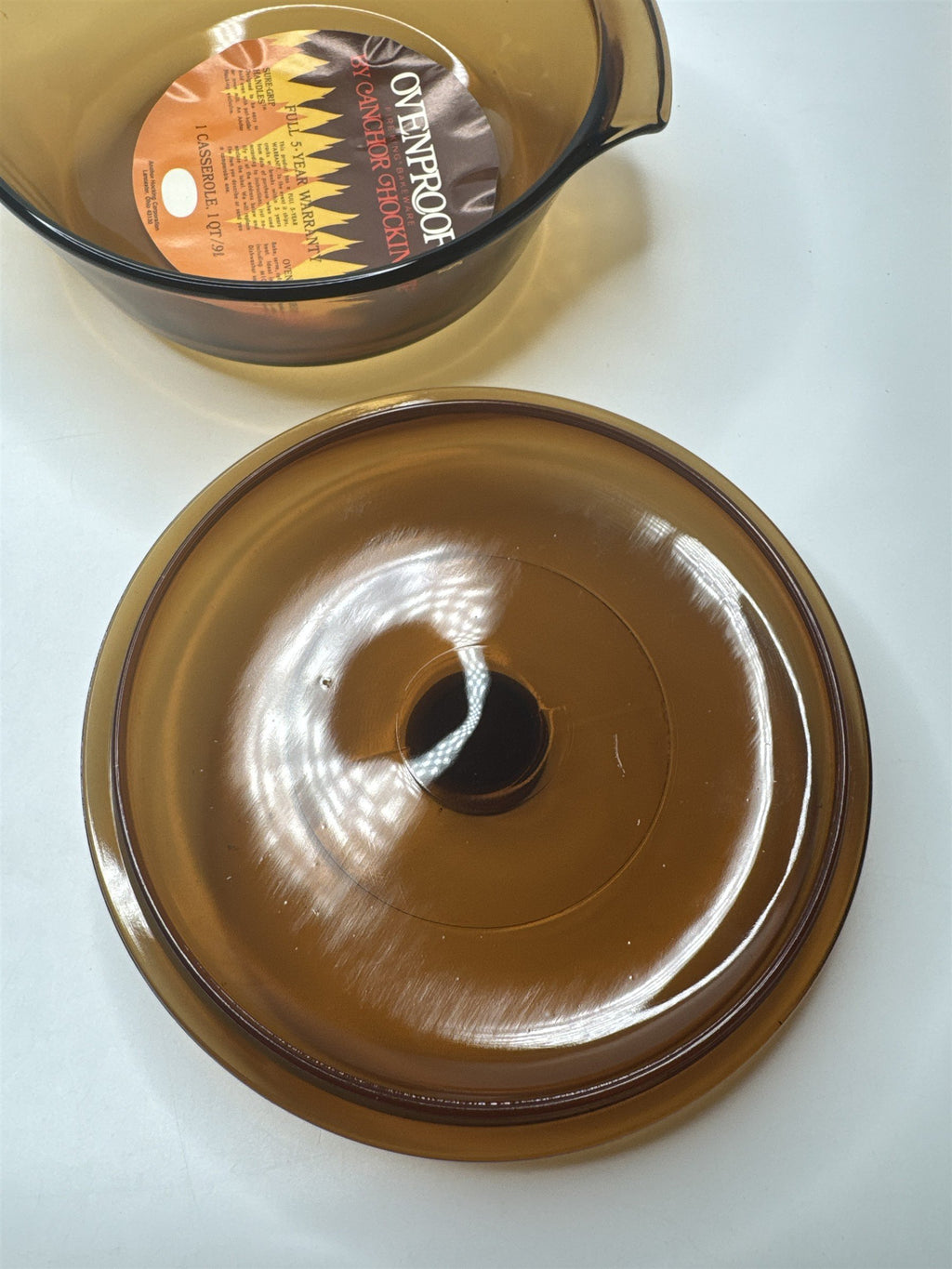 Vintage Anchor Hocking Amber Brown 1.5 Qt Round Casserole 437 /w Lid Oven Safe