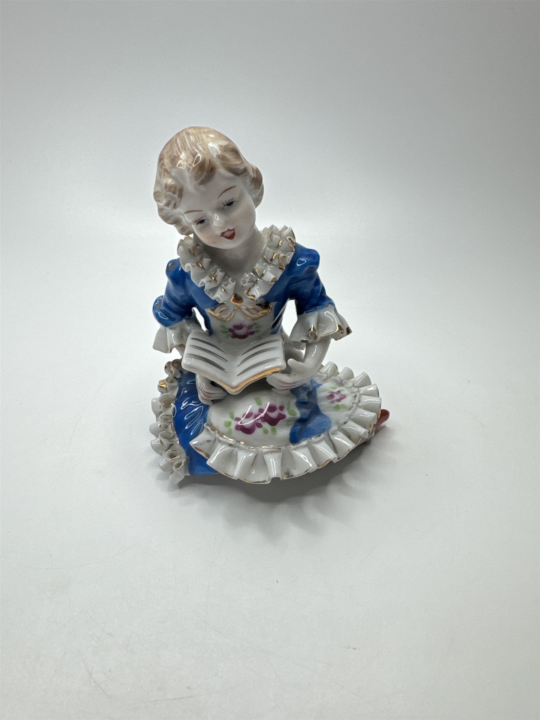 Vintage Porcelain Colonial Girl Figurine Hand Painted Blue Dress Swords Royal