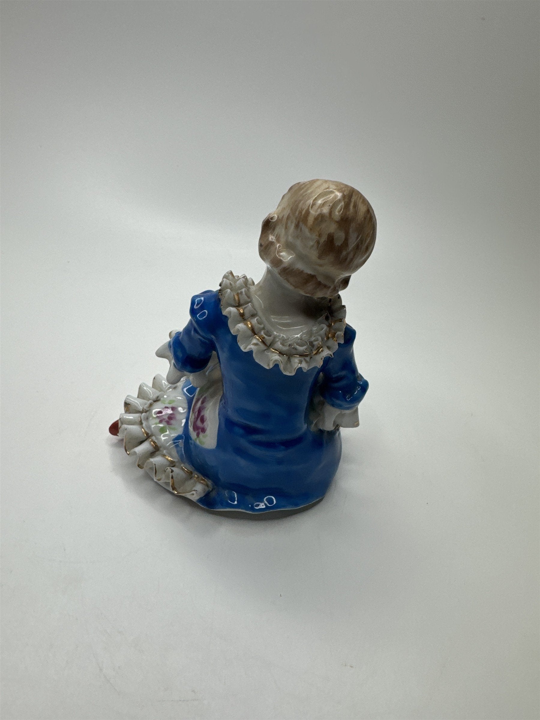Vintage Porcelain Colonial Girl Figurine Hand Painted Blue Dress Swords Royal