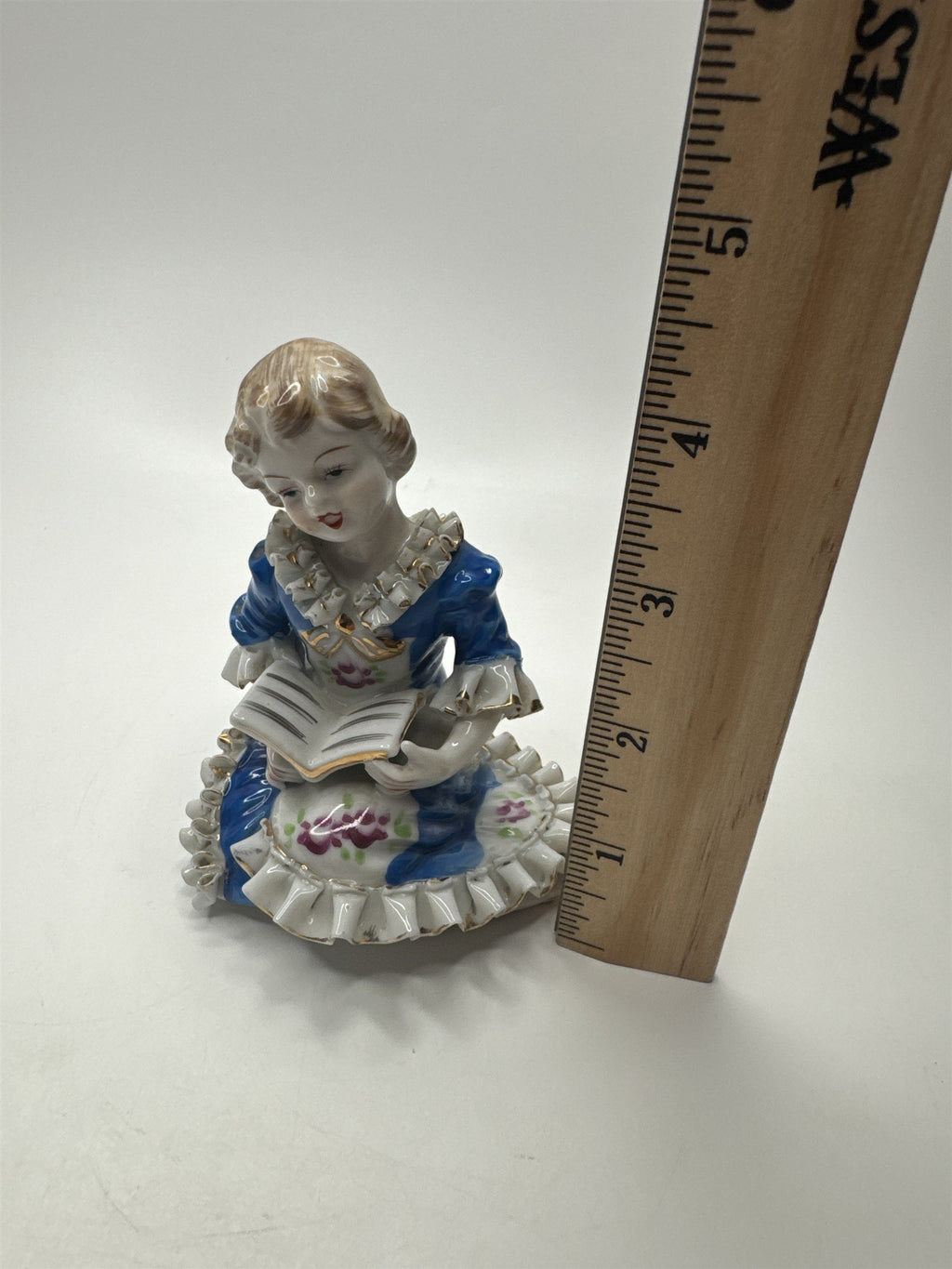 Vintage Porcelain Colonial Girl Figurine Hand Painted Blue Dress Swords Royal