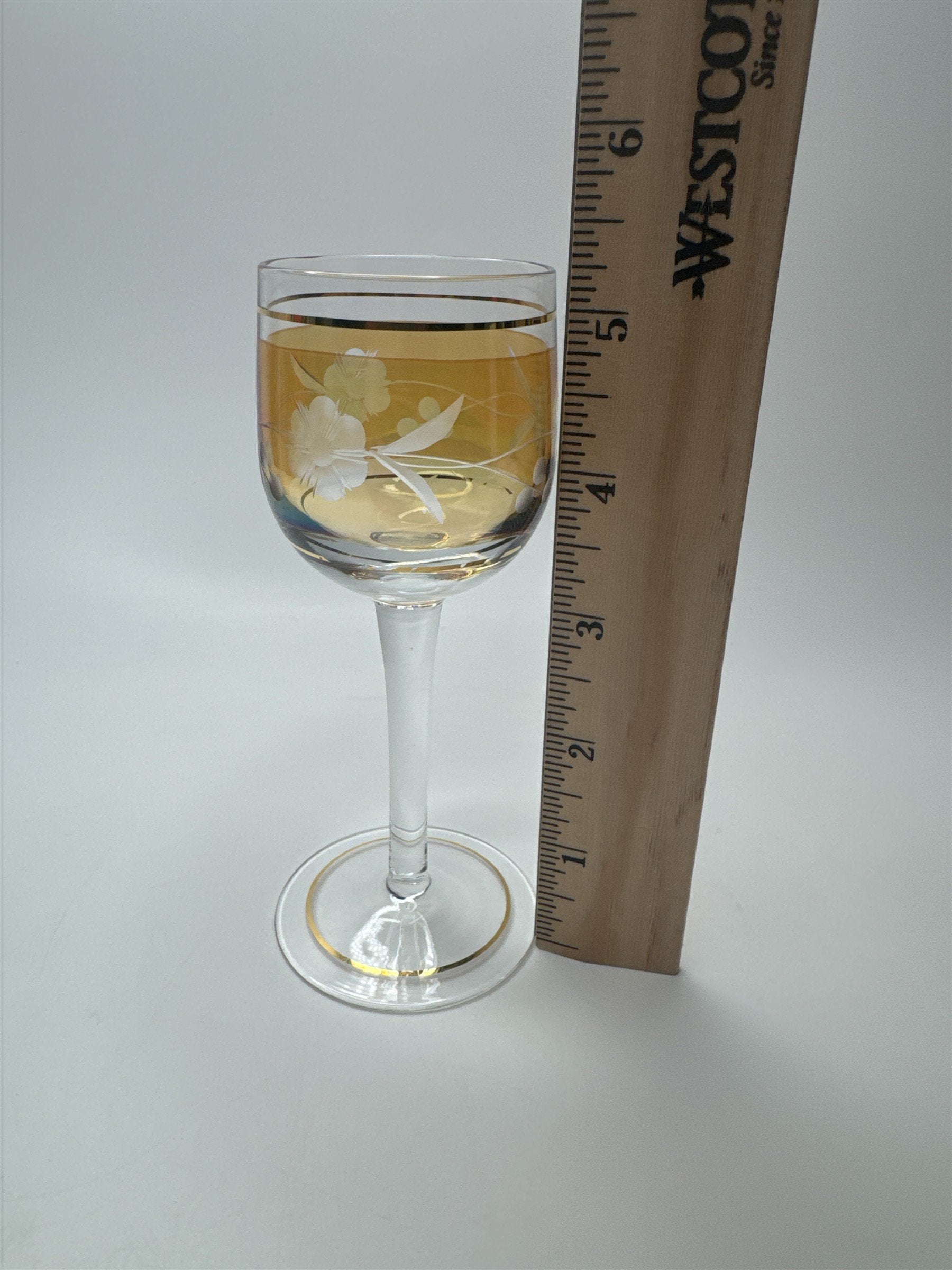VINTAGE Elegant Orange Cordial Glass Gold Trim Liqueur Stemware Barware