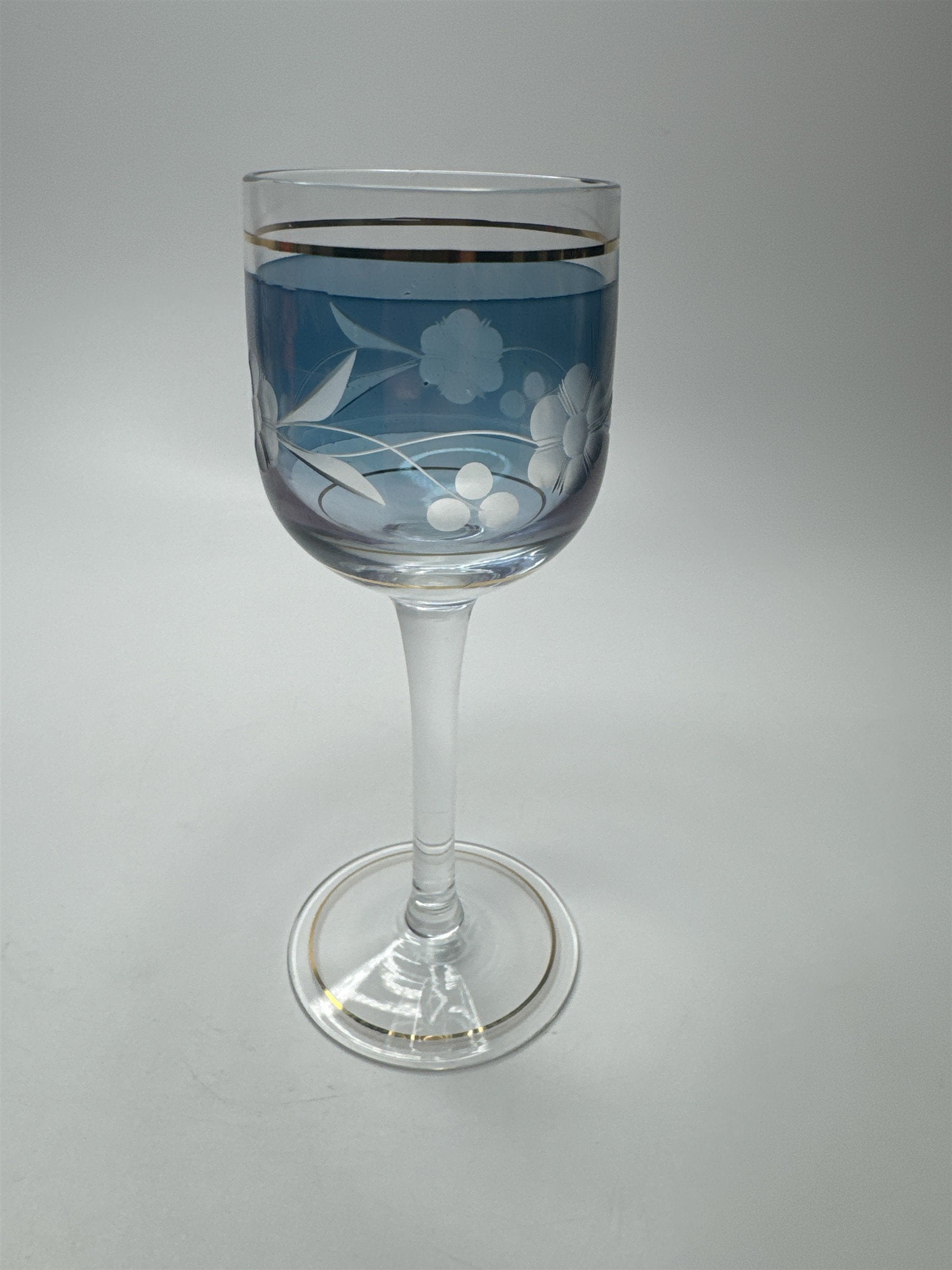 VINTAGE Elegant Blue Cordial Glass Gold Trim Liqueur Stemware Barware