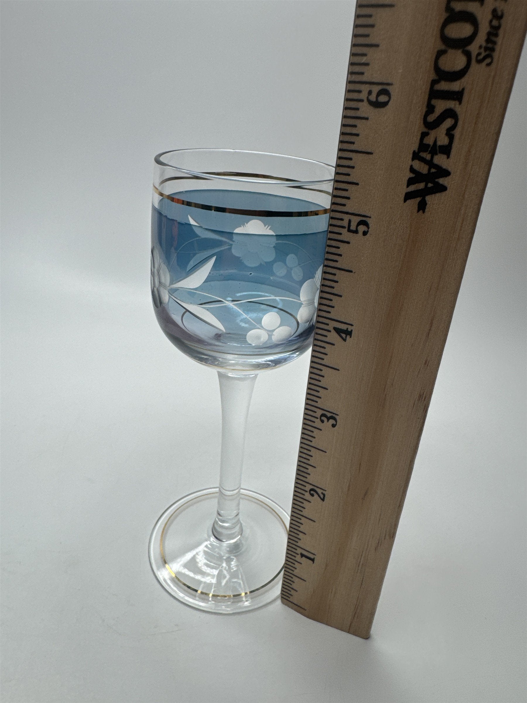 VINTAGE Elegant Blue Cordial Glass Gold Trim Liqueur Stemware Barware