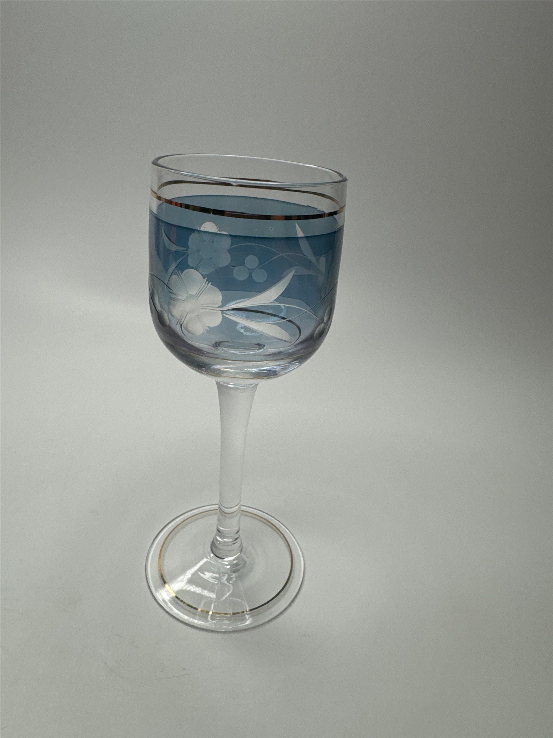 VINTAGE Elegant Blue Cordial Glass Gold Trim Liqueur Stemware Barware