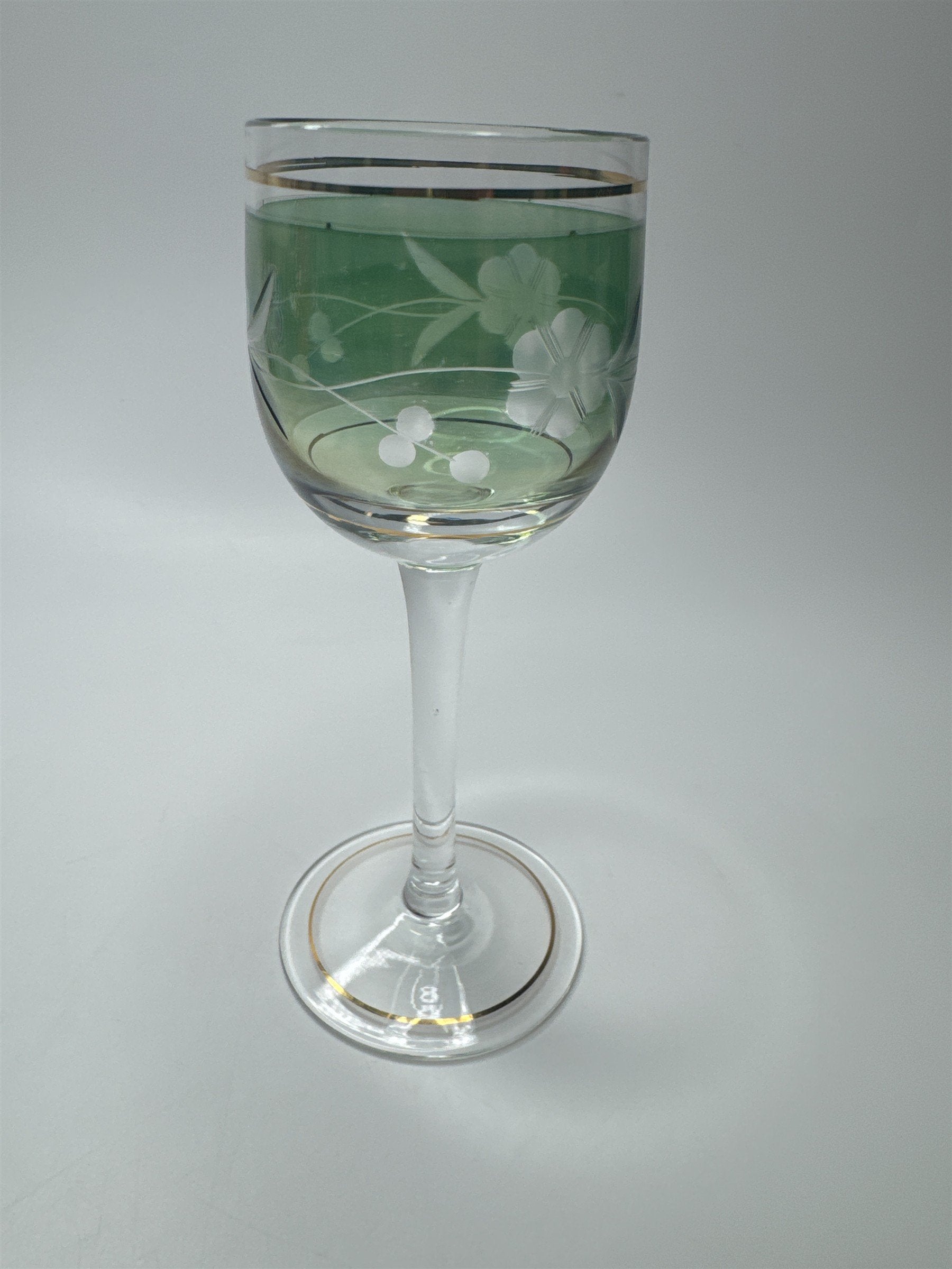 VINTAGE Elegant Green Cordial Glass Gold Trim Liqueur Stemware Barware
