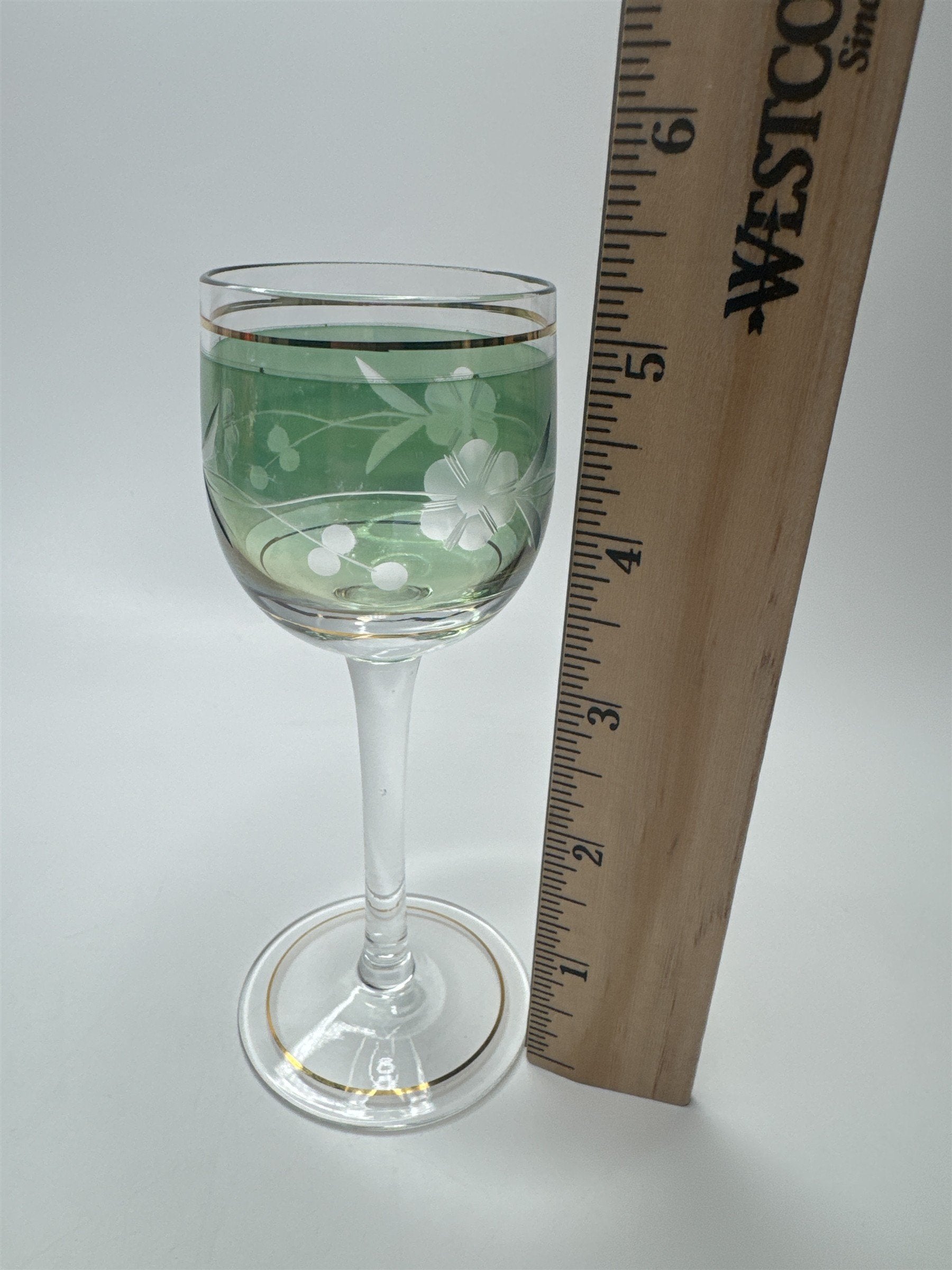 VINTAGE Elegant Green Cordial Glass Gold Trim Liqueur Stemware Barware