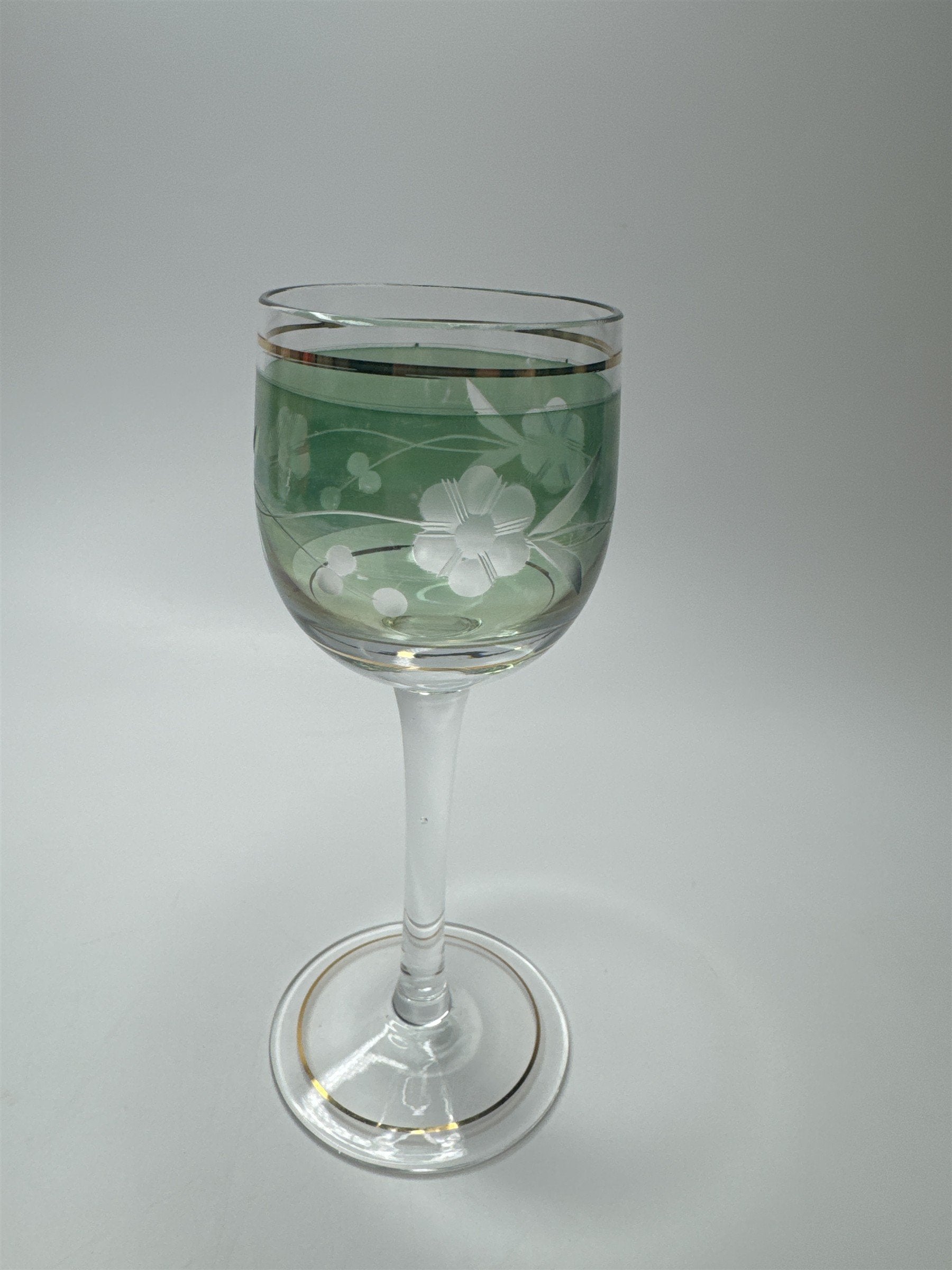 VINTAGE Elegant Green Cordial Glass Gold Trim Liqueur Stemware Barware