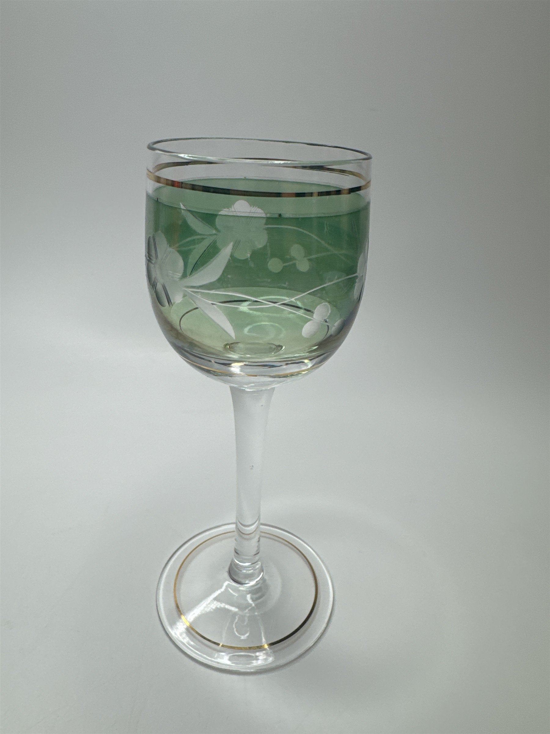 VINTAGE Elegant Green Cordial Glass Gold Trim Liqueur Stemware Barware