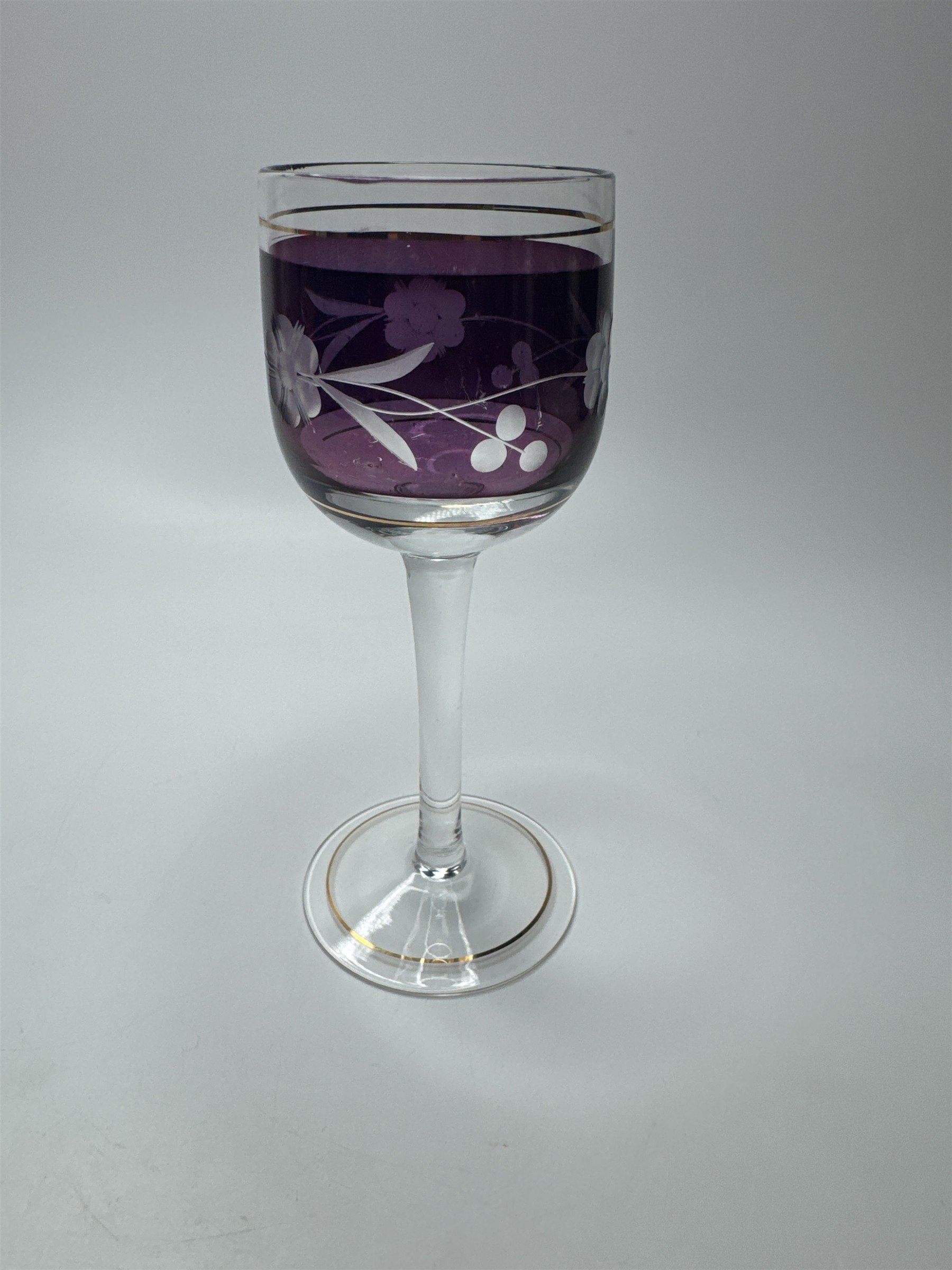 VINTAGE Elegant Purple Cordial Glass Gold Trim Liqueur Stemware Barware