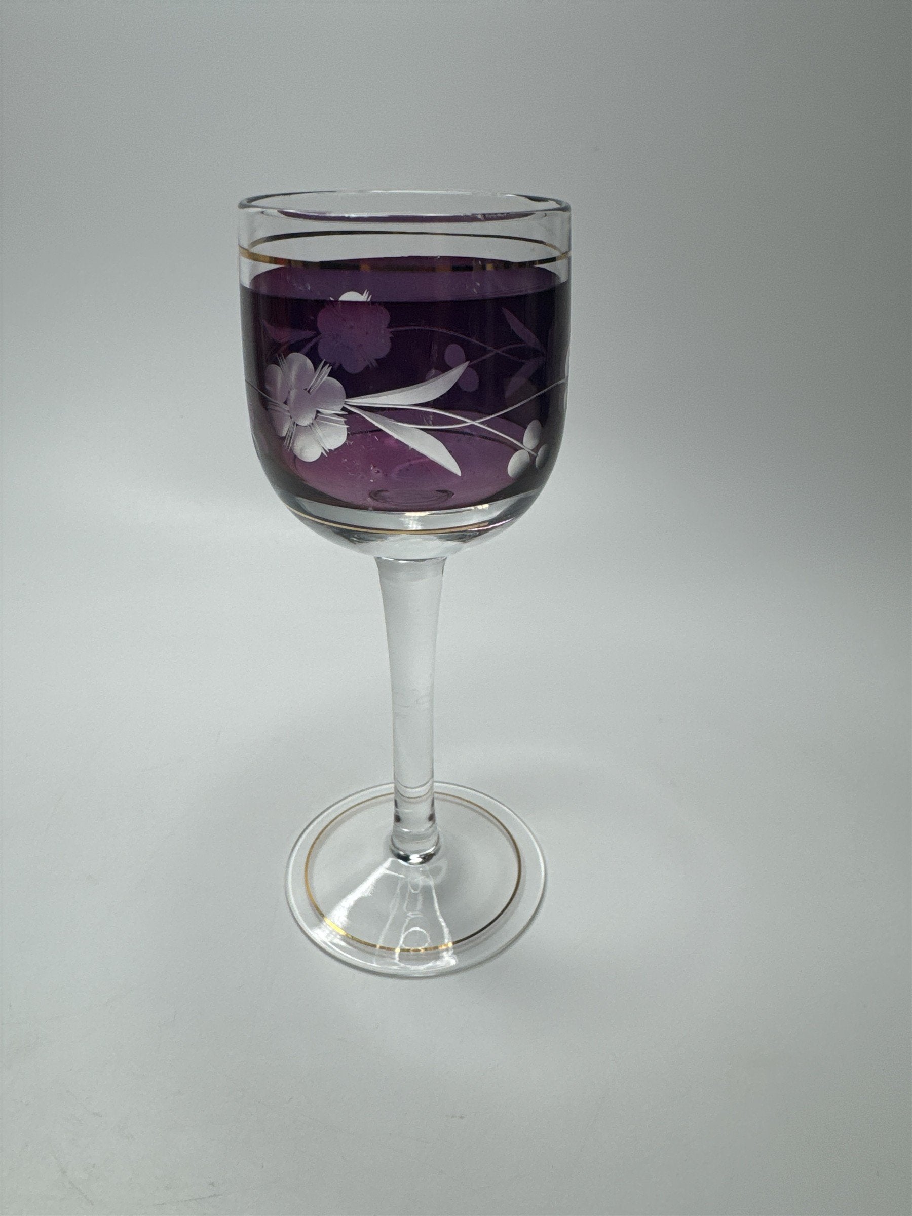 VINTAGE Elegant Purple Cordial Glass Gold Trim Liqueur Stemware Barware