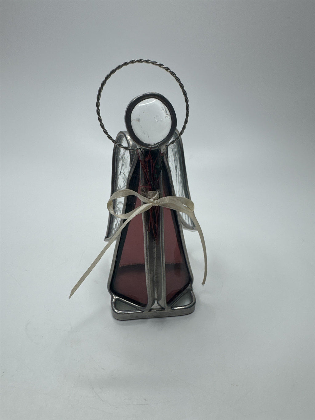 Vintage Christmas Angel Leaded Stained Glass Red Sun Catcher Standing Bow Halo