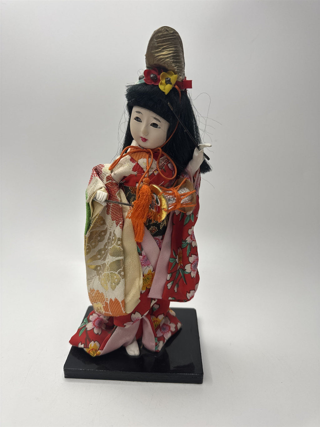 9" Tall Japanese Geisha Doll in Traditional Kimono Holding a Drum Playing Drum