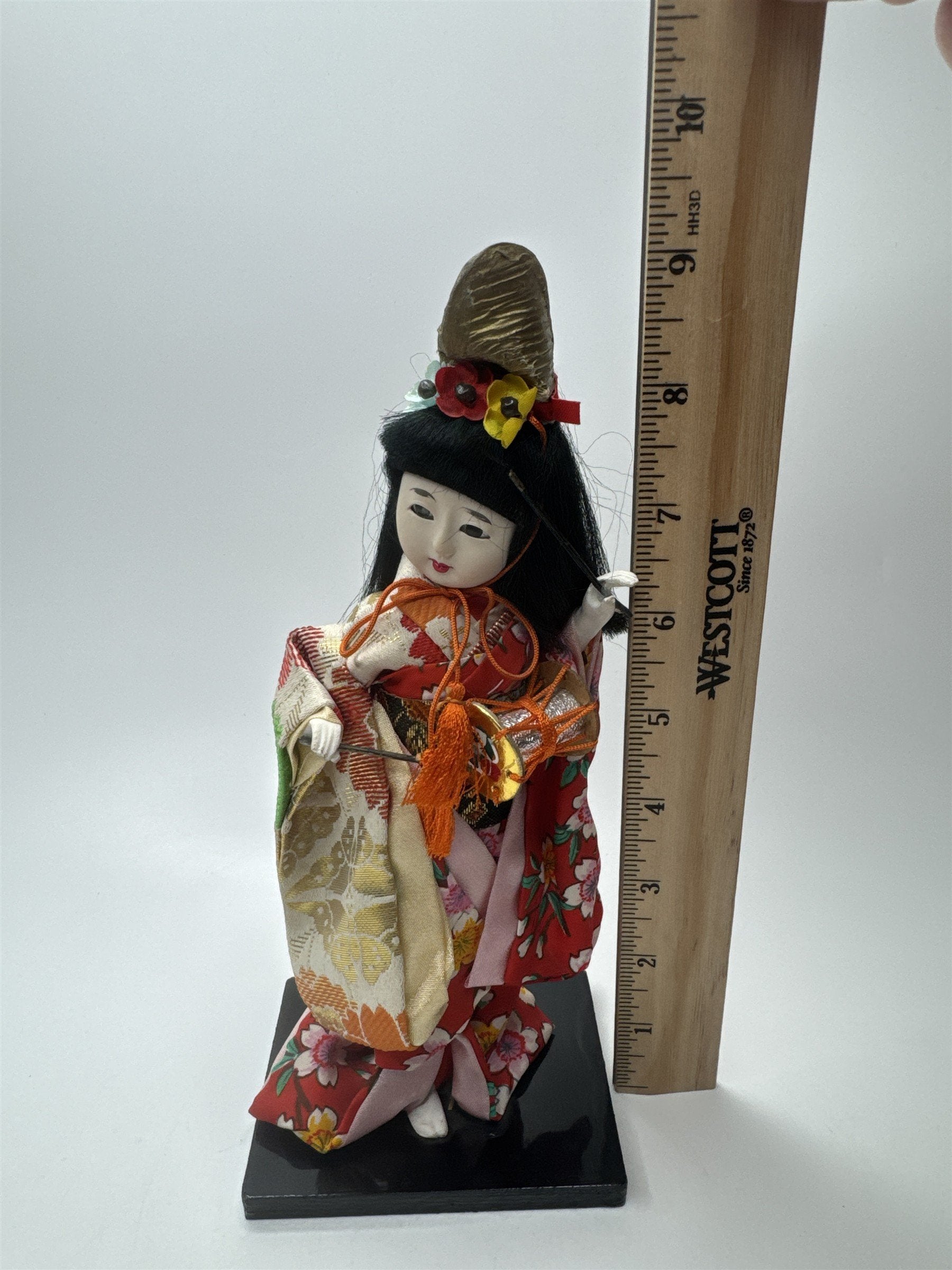 9" Tall Japanese Geisha Doll in Traditional Kimono Holding a Drum Playing Drum