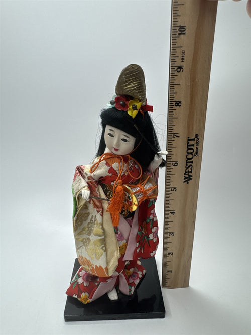 9" Tall Japanese Geisha Doll in Traditional Kimono Holding a Drum Playing Drum