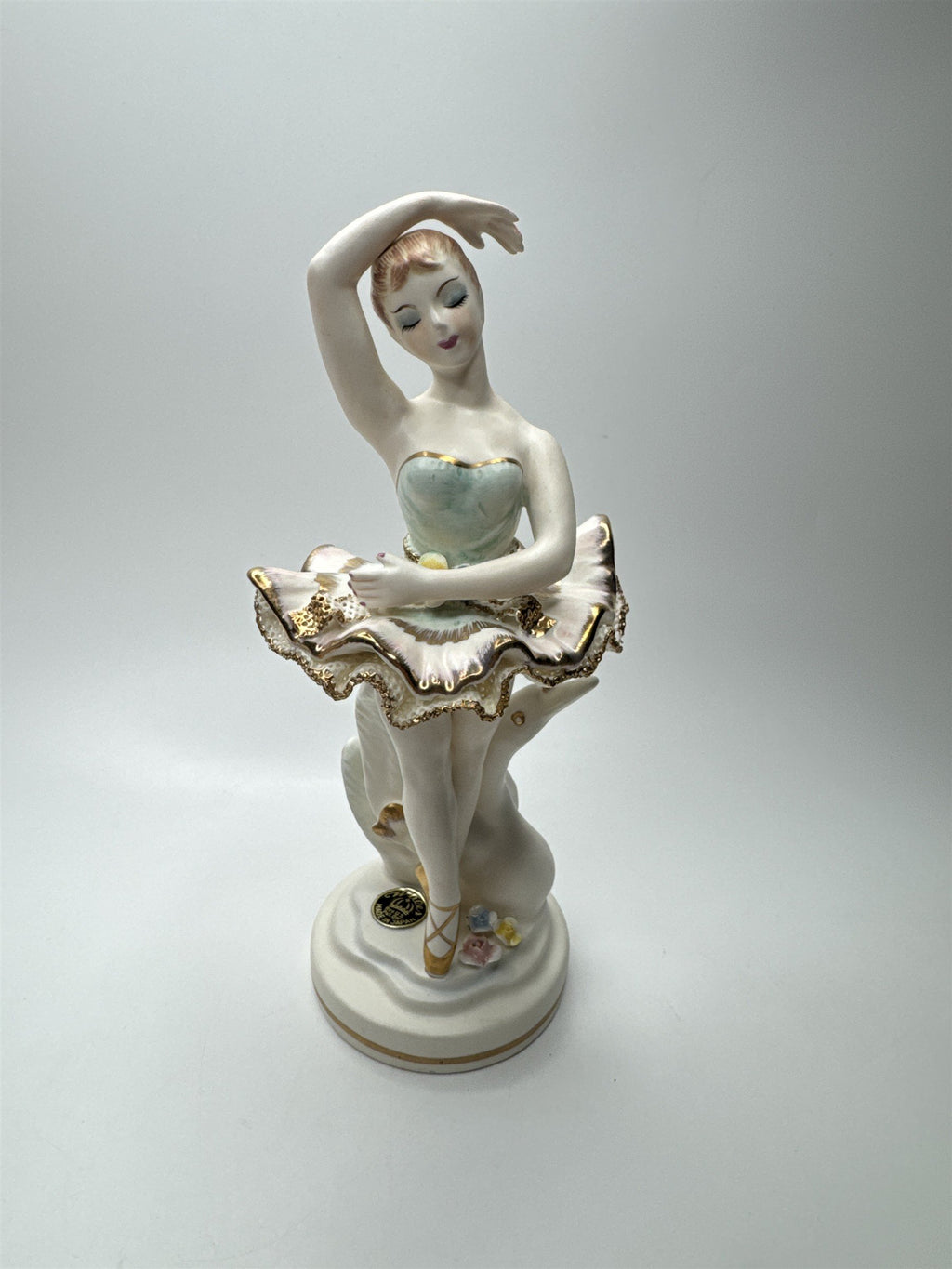 Vintager Wales Japan Bone Porcelain Ballerina Girl /w Lattice Dress and Flowers