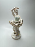 Vintager Wales Japan Bone Porcelain Ballerina Girl /w Lattice Dress and Flowers