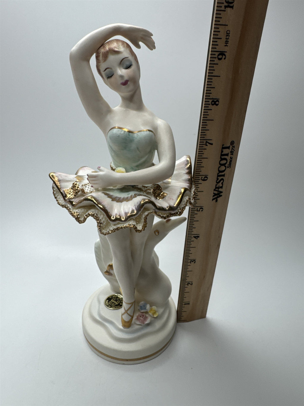 Vintager Wales Japan Bone Porcelain Ballerina Girl /w Lattice Dress and Flowers