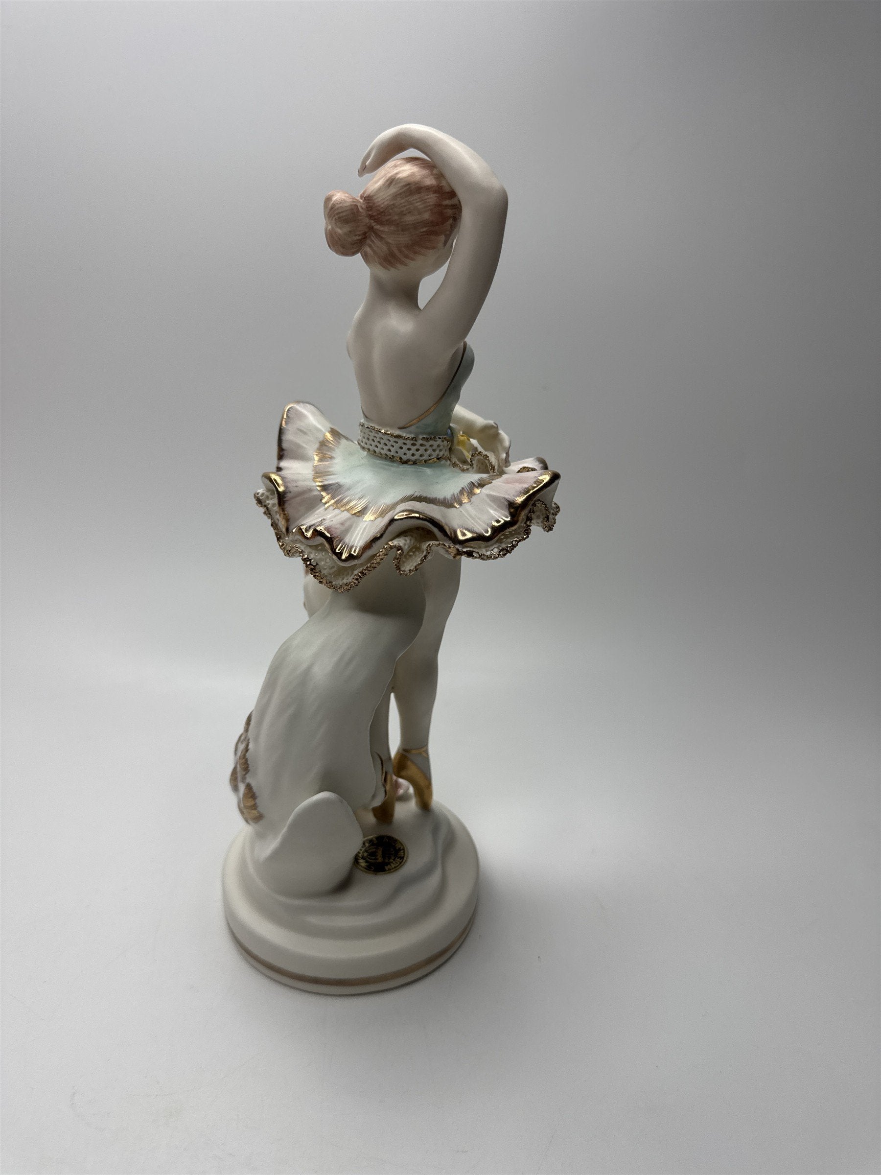 Vintager Wales Japan Bone Porcelain Ballerina Girl /w Lattice Dress and Flowers