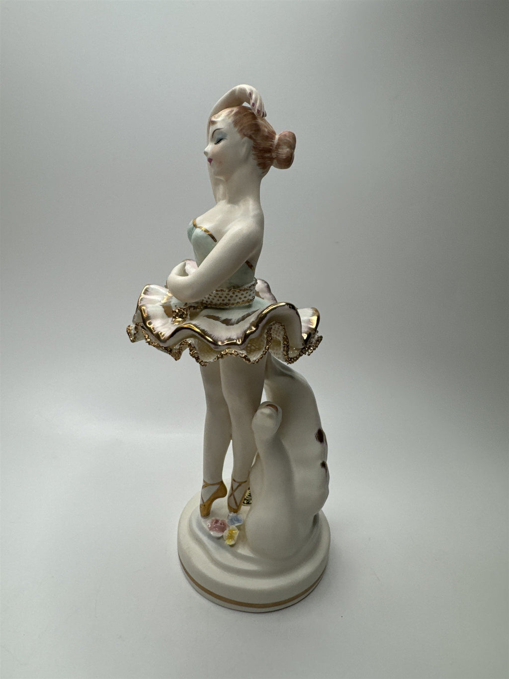 Vintager Wales Japan Bone Porcelain Ballerina Girl /w Lattice Dress and Flowers